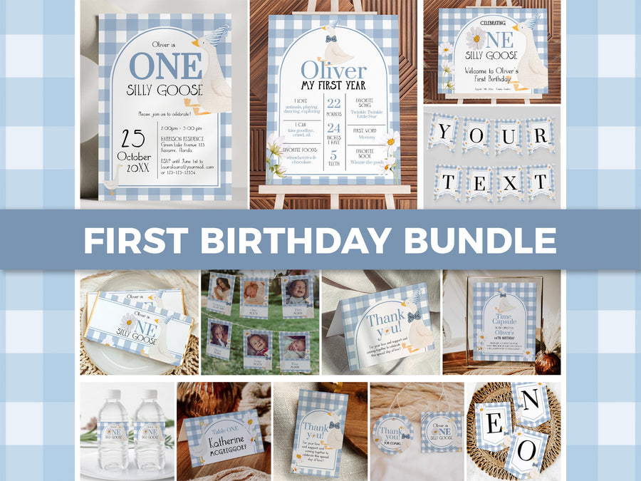 One Silly Goose Birthday Bundle Template, First Birthday Decorations Set Gooses Party Printables 004SG-BBUNDLE-BL - marryful.org