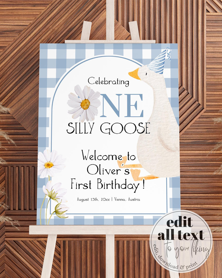 One Silly Goose Welcome Sign, Blue Gingham On the Loose Party Template 004SG-WLCM-BL - marryful.org
