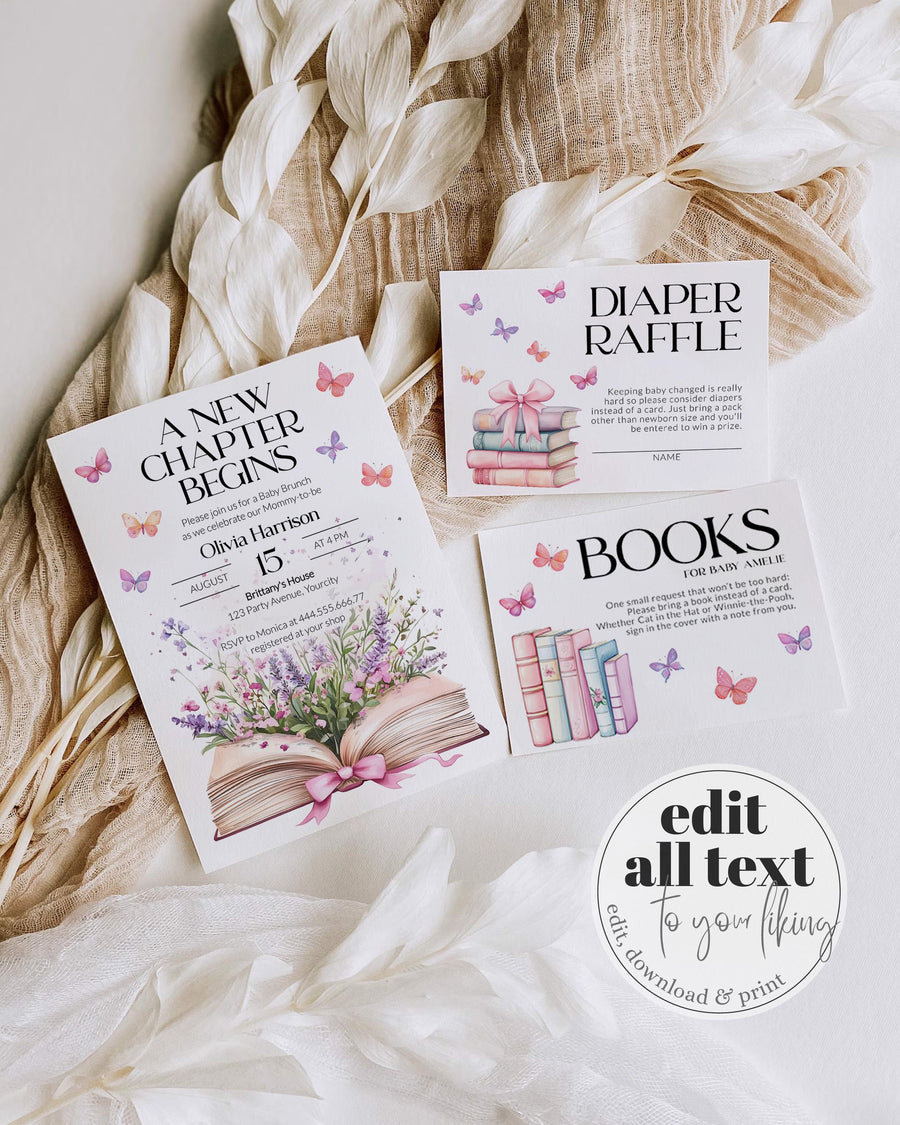 Storybook Girl Baby Shower Invitation Template, A New Chapter Begins Pink Wildflower Theme #072 - marryful.org