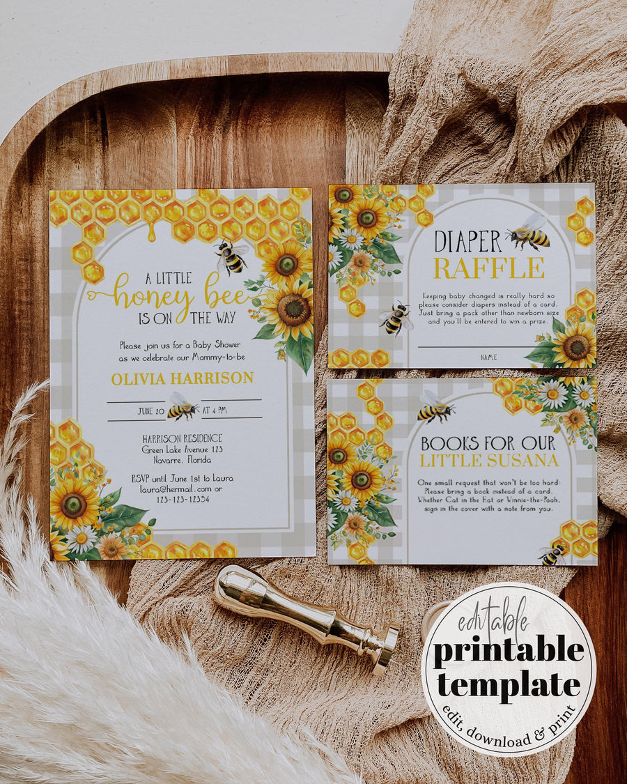 Honey Bee Baby Shower Invitation, Little Hunny Cottagecore Sunflower Bumblebee Template - marryful.org