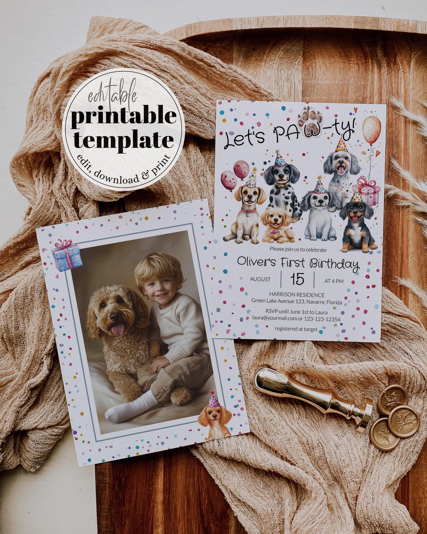 Puppy Birthday Invitation, Gender Neutral Confetti Dog Paw-Tee Invite for Boys or Girls First Birthday Invitation, Printable Template #070 - TheLovebirdsDesign