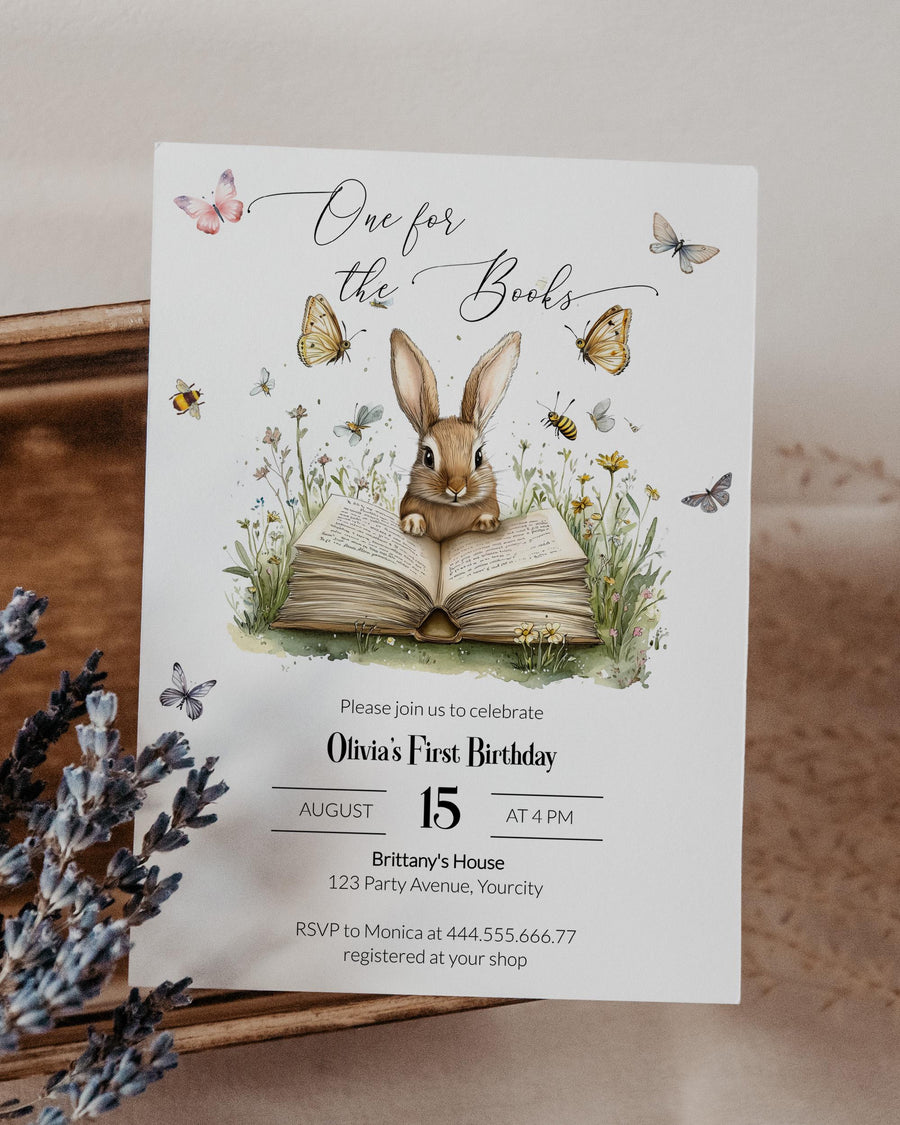 One for the Books 1st Birthday Invitation Template, Bunny Storybook First Birthday Invite 077BU-BSINV - marryful.org