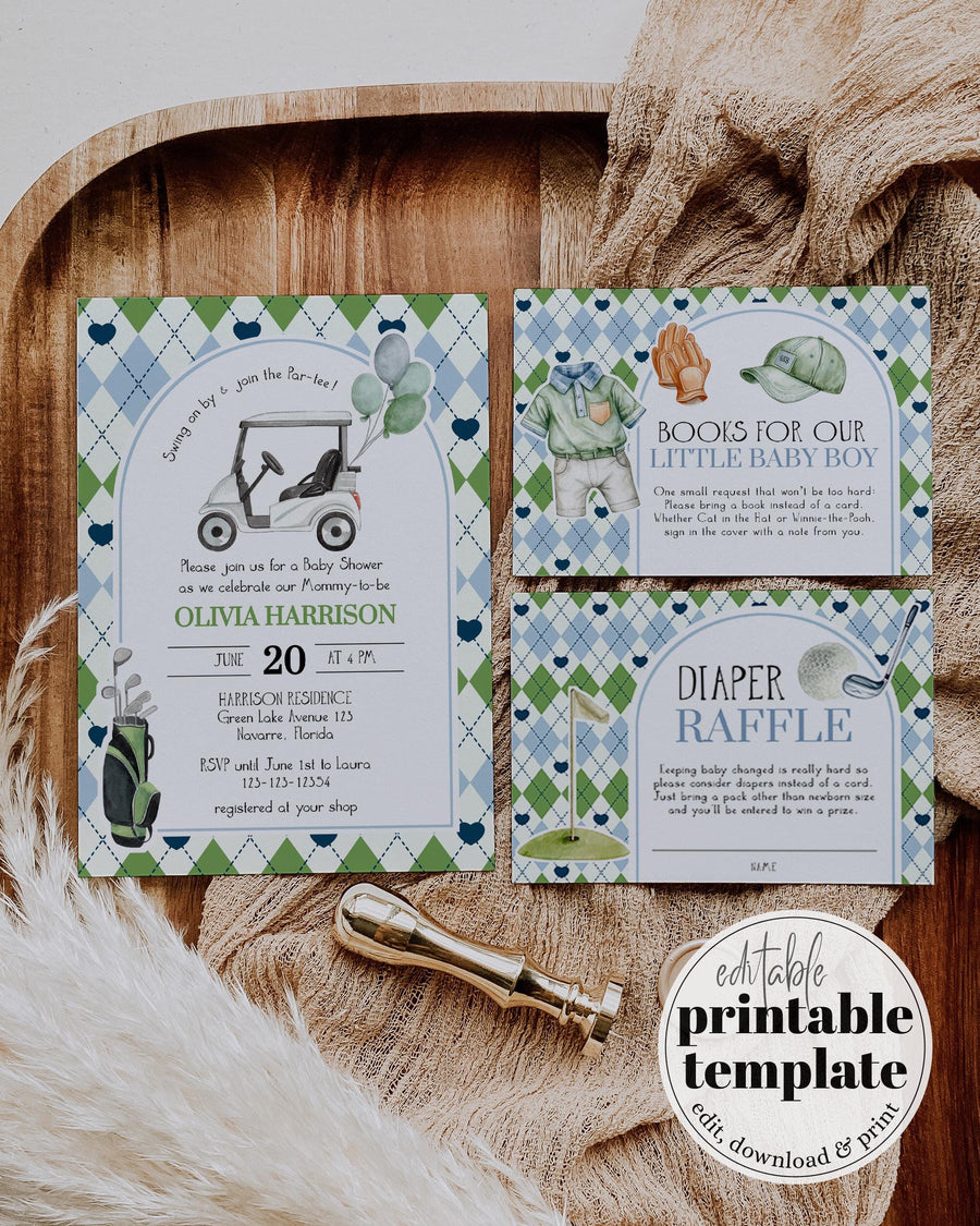 Boy Golf Baby Shower Invite Pack, Golfing Baby Shower Invitation Template, Par-Tee Hole in one Golf theme Coquette Printable Template #068 - marryful.org