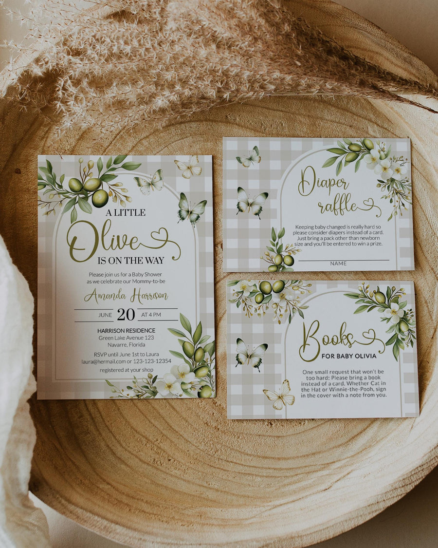 Olive Baby Shower Invitation, Sage Green Gingham Mediterranean Greenery Butterfly Template 018OL-BSINV - marryful.org
