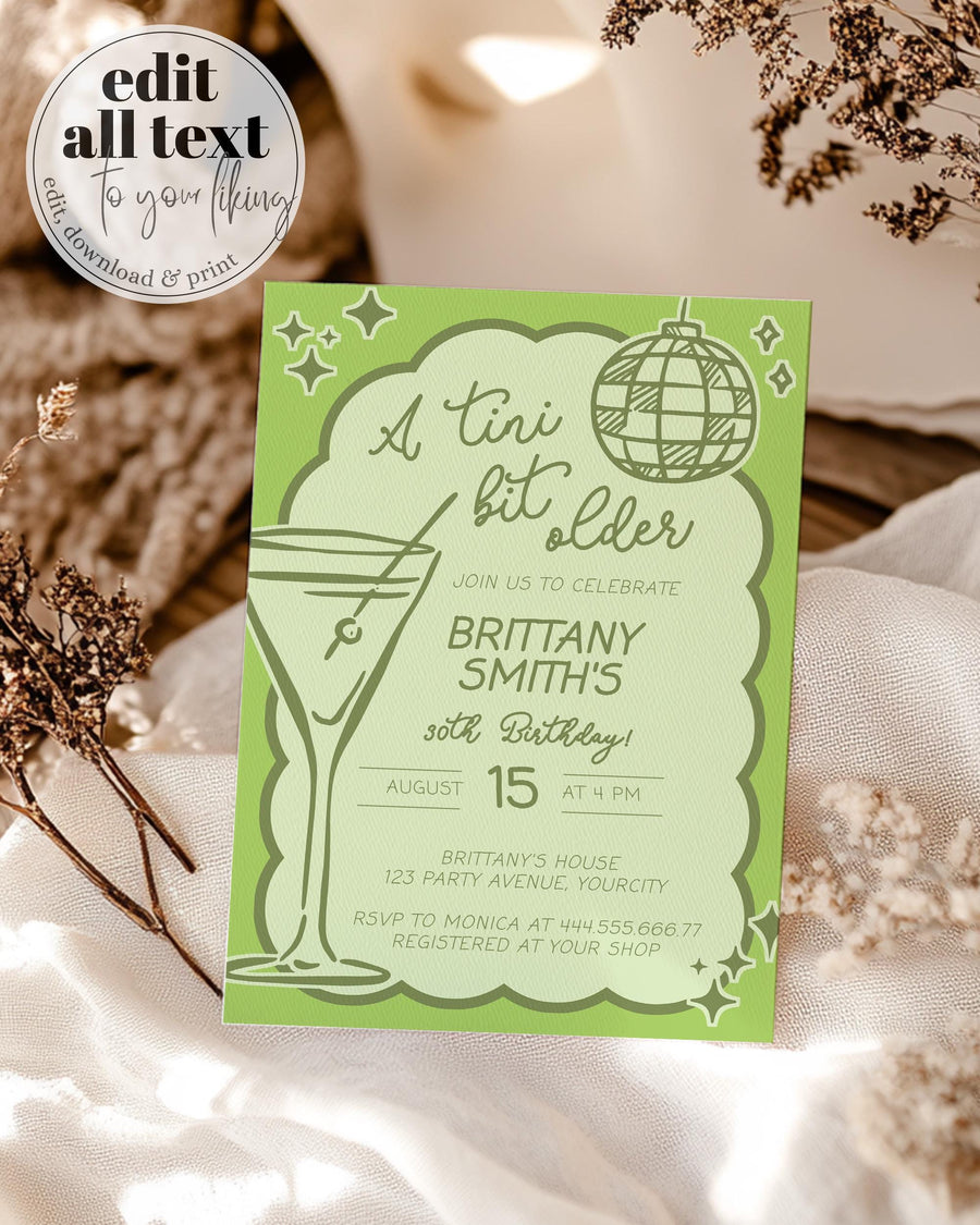 Tini Bit Older 30th Birthday Invitation, Funky Tinis and Bikinis Adult Martini Cocktail Club Party Invite Hand Drawn Wavy Frame Template#070 - marryful.org