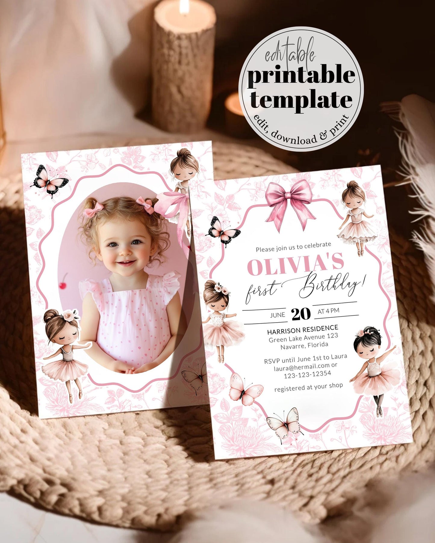 Ballerina Birthday Invitation Toile de Jouy Ballerina Ballet Dancer Tutu cute Girl Birthday Invitation Editable Template Download #072 - TheLovebirdsDesign