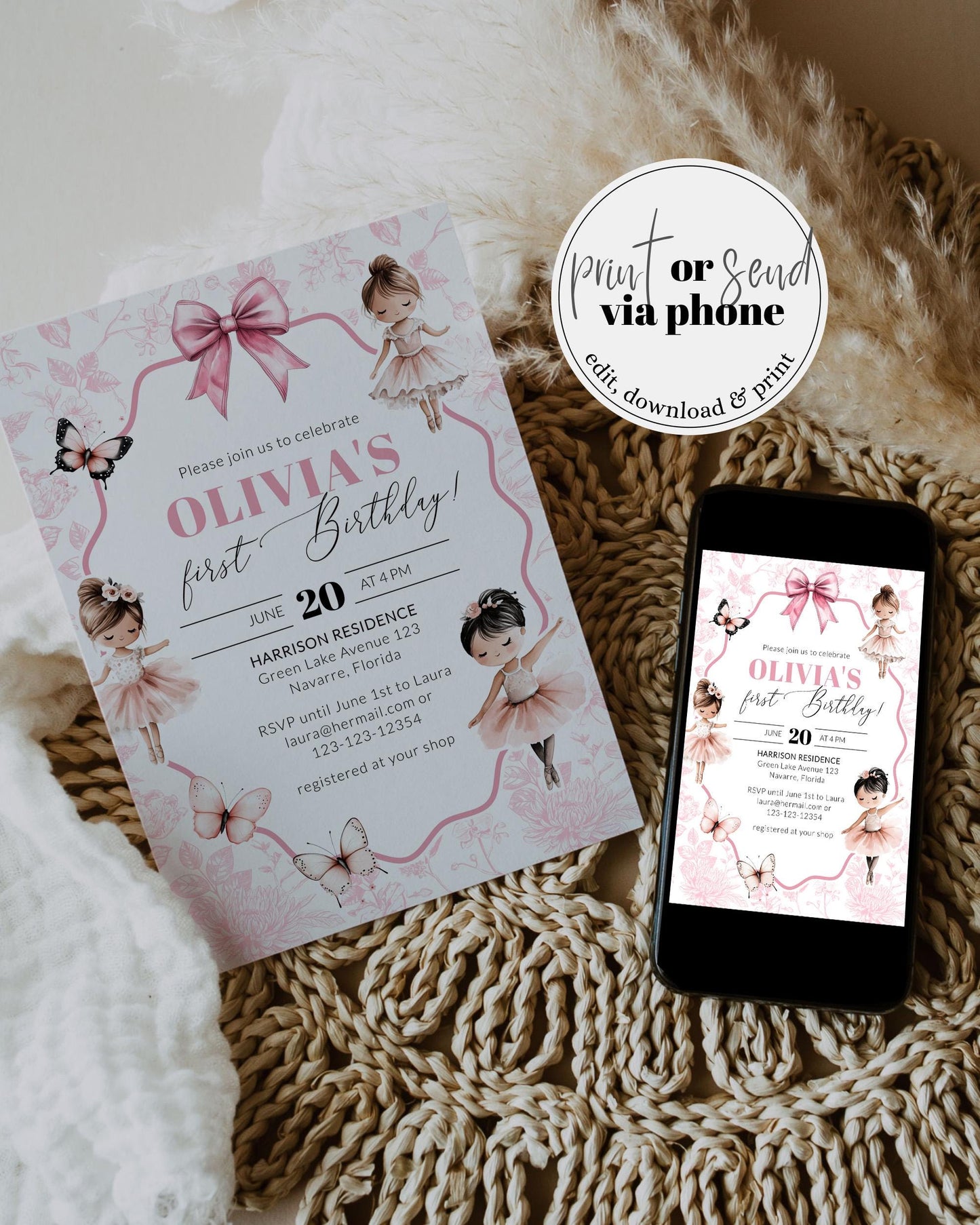 Ballerina Birthday Invitation Toile de Jouy Ballerina Ballet Dancer Tutu cute Girl Birthday Invitation Editable Template Download #072 - TheLovebirdsDesign