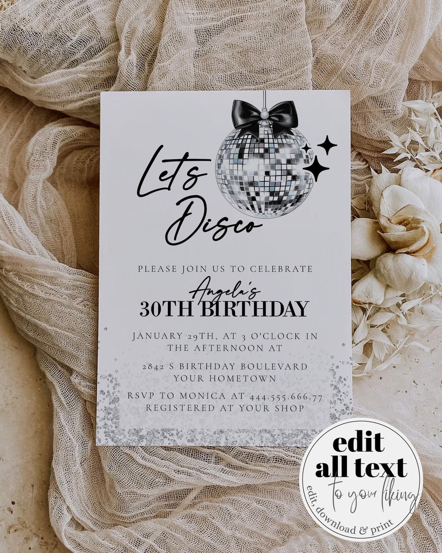 Modern Disco Ball Black Bow Birthday Invitation, Funky Pearls Adult Party Printable Template 065D-BINV - marryful.org