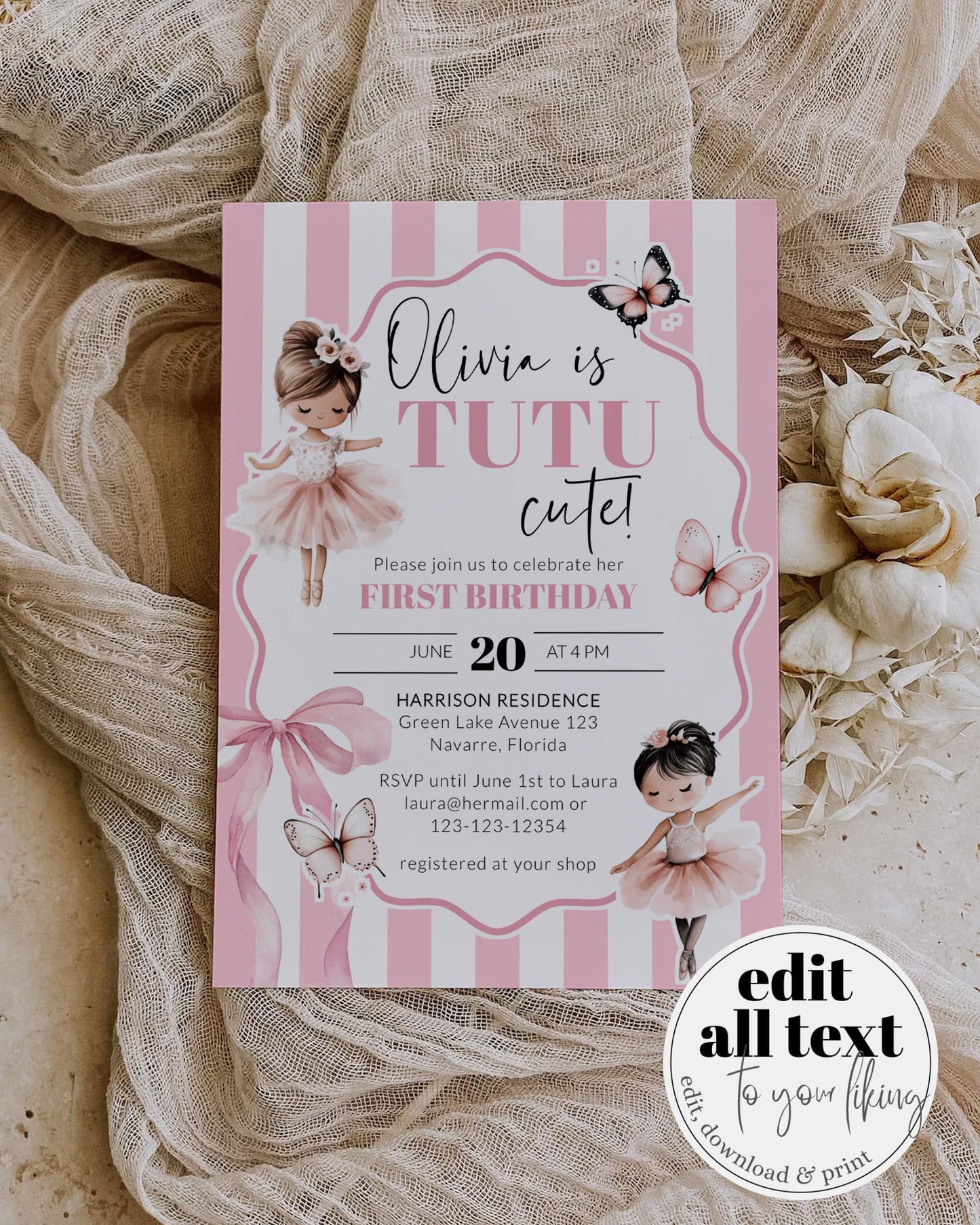 Pink Tutu Birthday Pink Ribbon Bow Invitation Girl 1st Birthday Ballerina Invite Tutu Cute Sugar Plum Fairy Dance Party Bday Template #072 - TheLovebirdsDesign