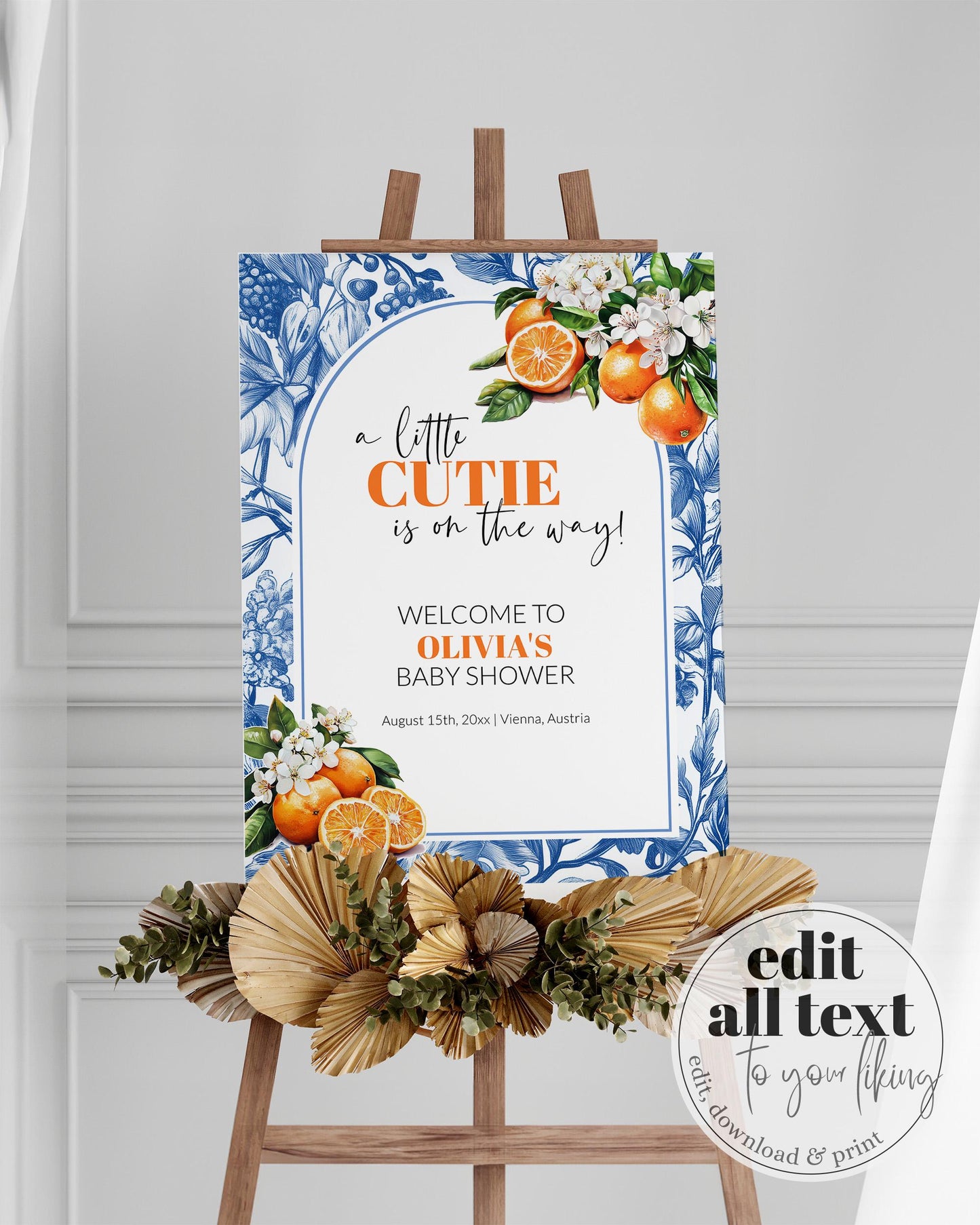 Little Cutie is on it's way Citrus Orange Amalfi Coast Baby Shower Welcome Sign, Toile de Jouy Mediterranean Decoration Sign Template #072 - TheLovebirdsDesign