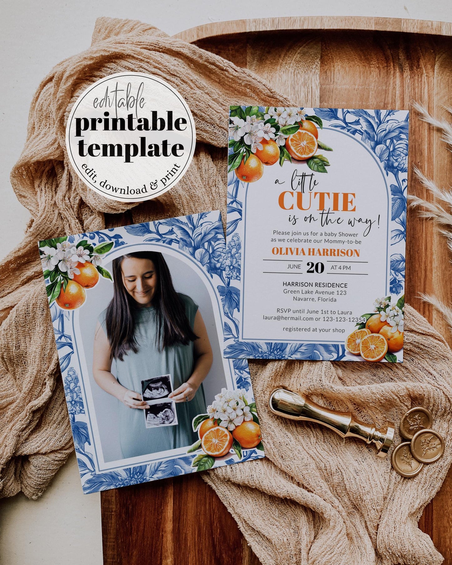 Little Cutie is on it's way Citrus Orange Amalfi Coast Baby Shower Invitation, Toile de Jouy Mediterranean Baby Shower Invite Suite #072 - TheLovebirdsDesign