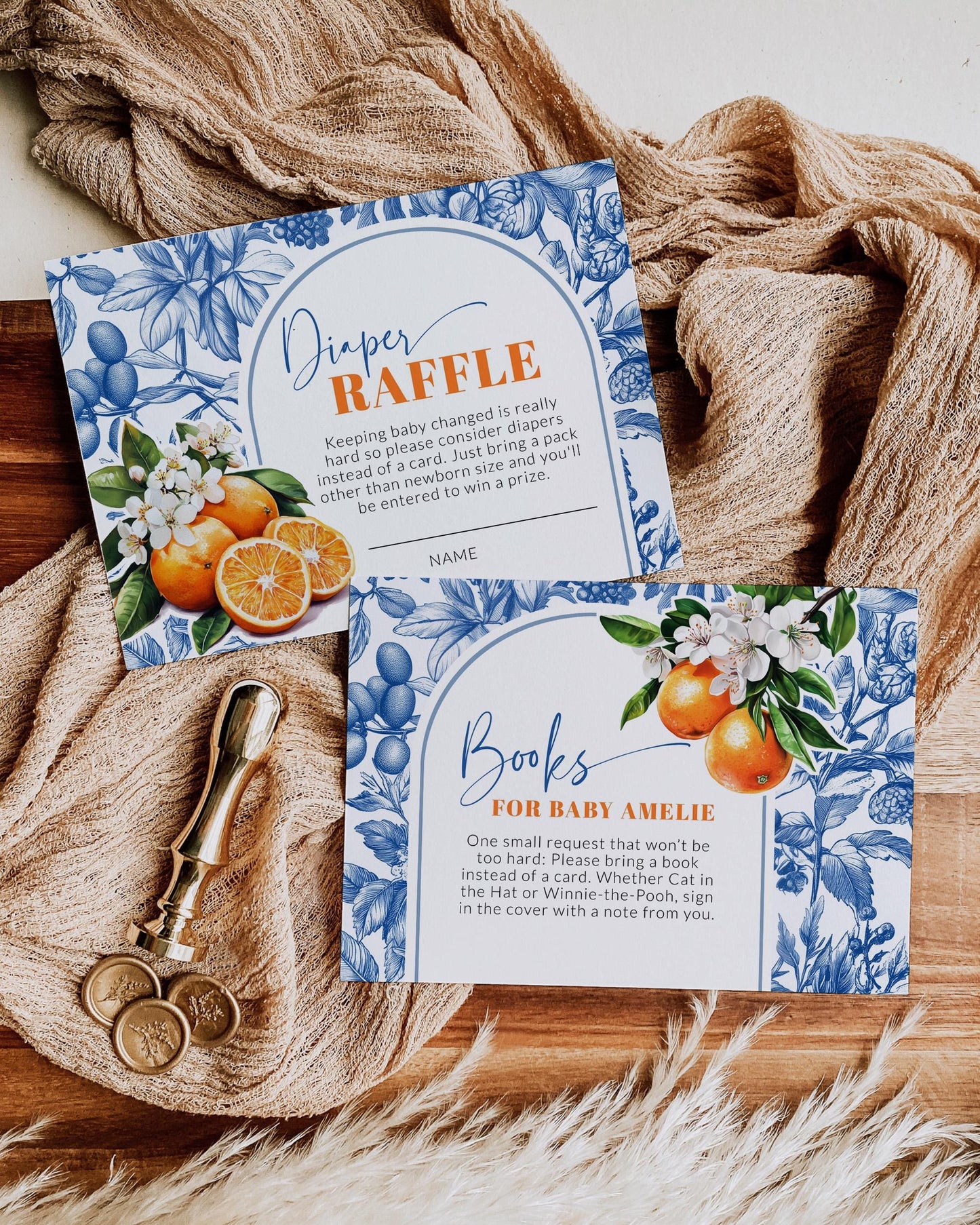 Little Cutie is on it's way Citrus Orange Amalfi Coast Baby Shower Invitation, Toile de Jouy Mediterranean Baby Shower Invite Suite #072 - TheLovebirdsDesign