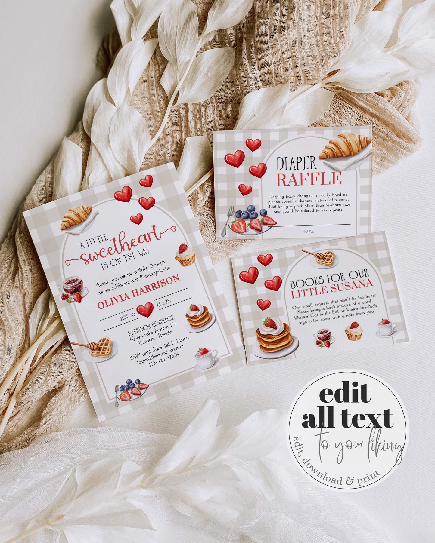 Brunch Baby Shower Invitation, Bakery Pancakes Berries Waffles Cottagecore Baby Shower Invite Suite, Gender Neutral Berry Sweet Template#068 - TheLovebirdsDesign