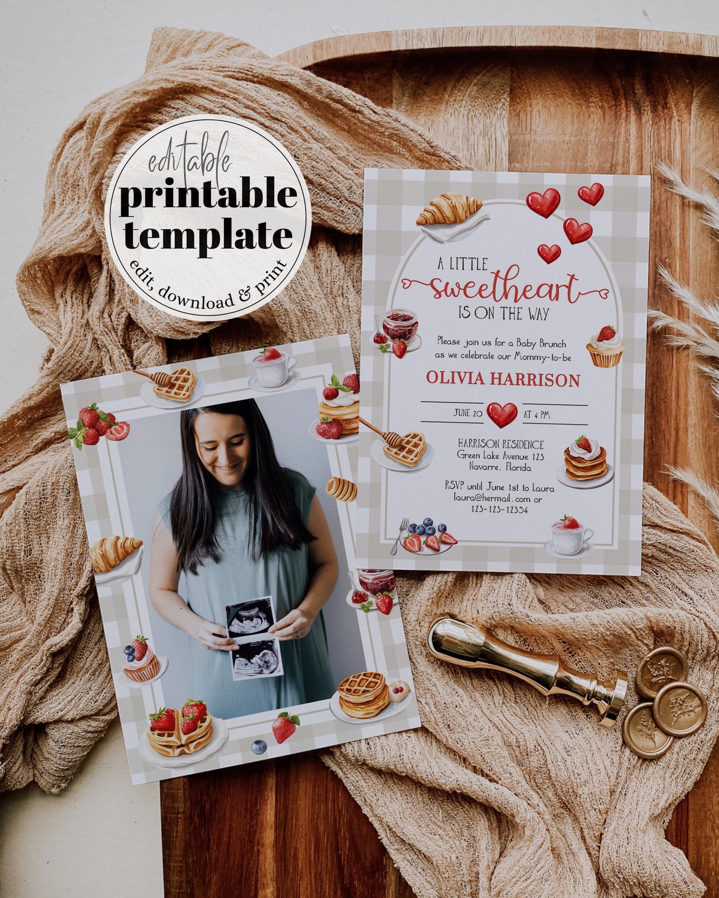 Brunch Baby Shower Invitation, Bakery Pancakes Berries Waffles Cottagecore Baby Shower Invite Suite, Gender Neutral Berry Sweet Template#068 - TheLovebirdsDesign