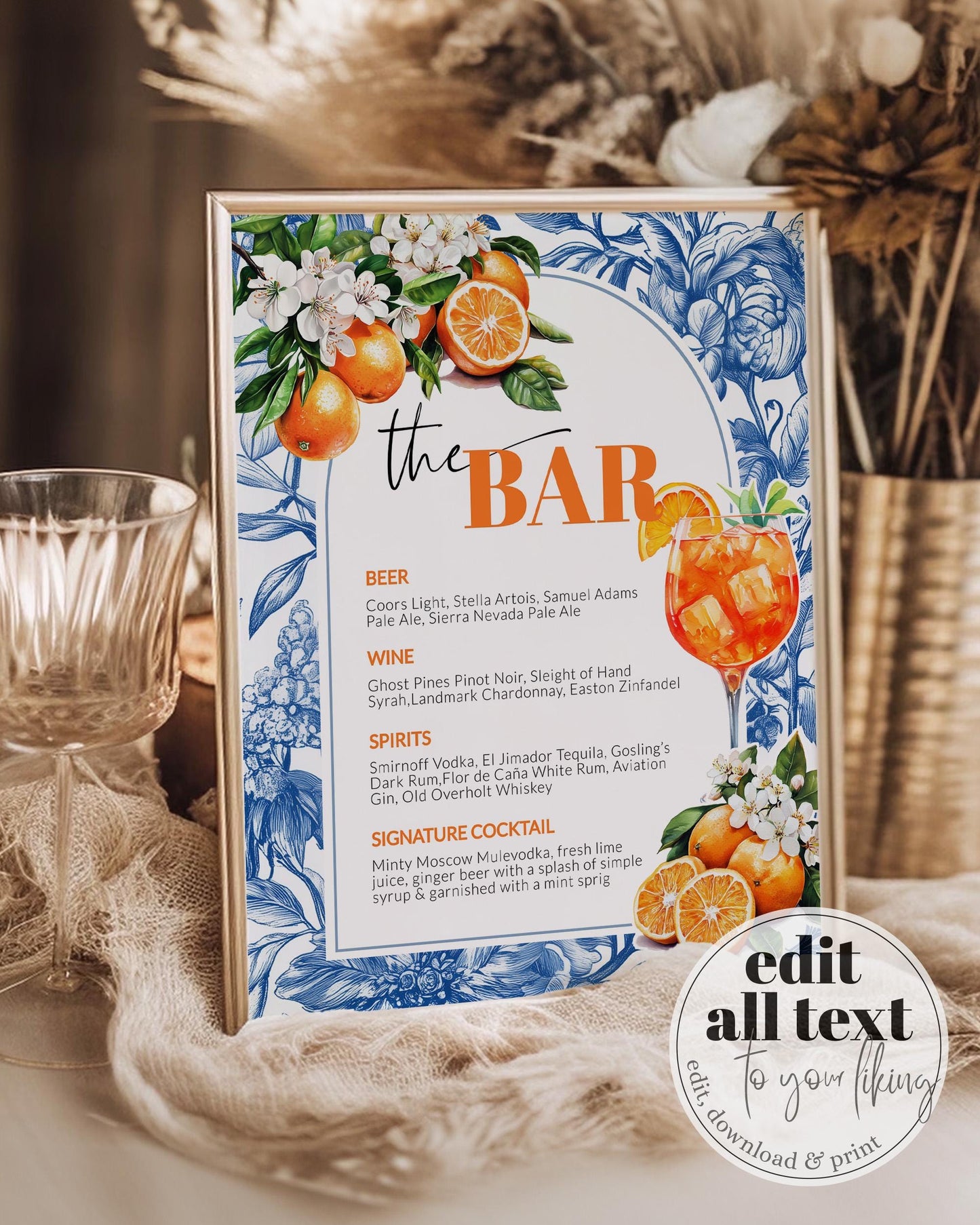 Citrus Orange Amalfi Coast Bar Menu Sign, Toile de Jouy Cocktail Menu Card for Mediterranean Cutie Baby Shower Decoration Sign Template #072 - TheLovebirdsDesign