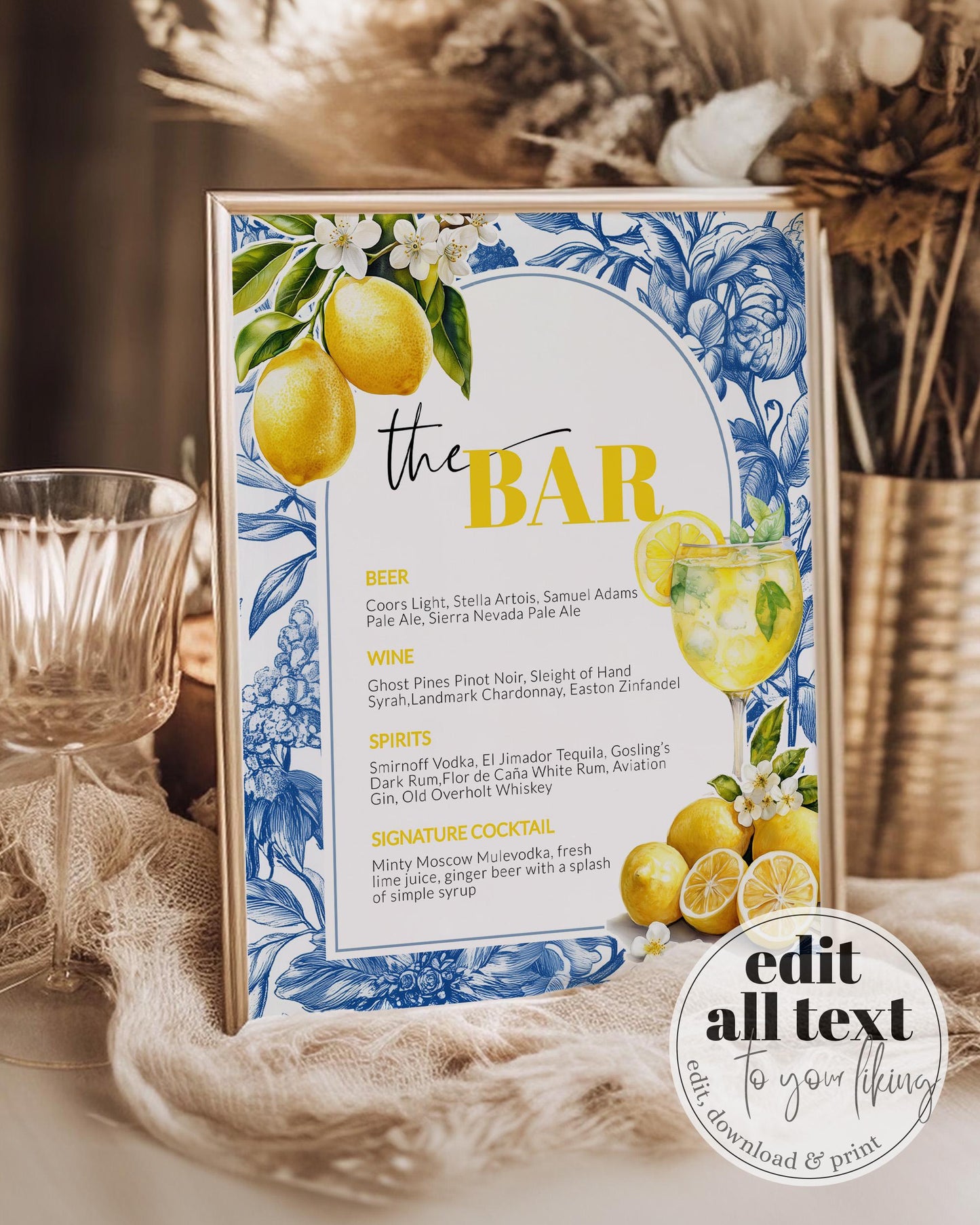 Citrus Limoncello Spitz Bar Menu Template, Cocktail Drinks Menu for Lemon Amalfi Coast Positano Bridal Shower or Mediterranean Wedding #072 - TheLovebirdsDesign