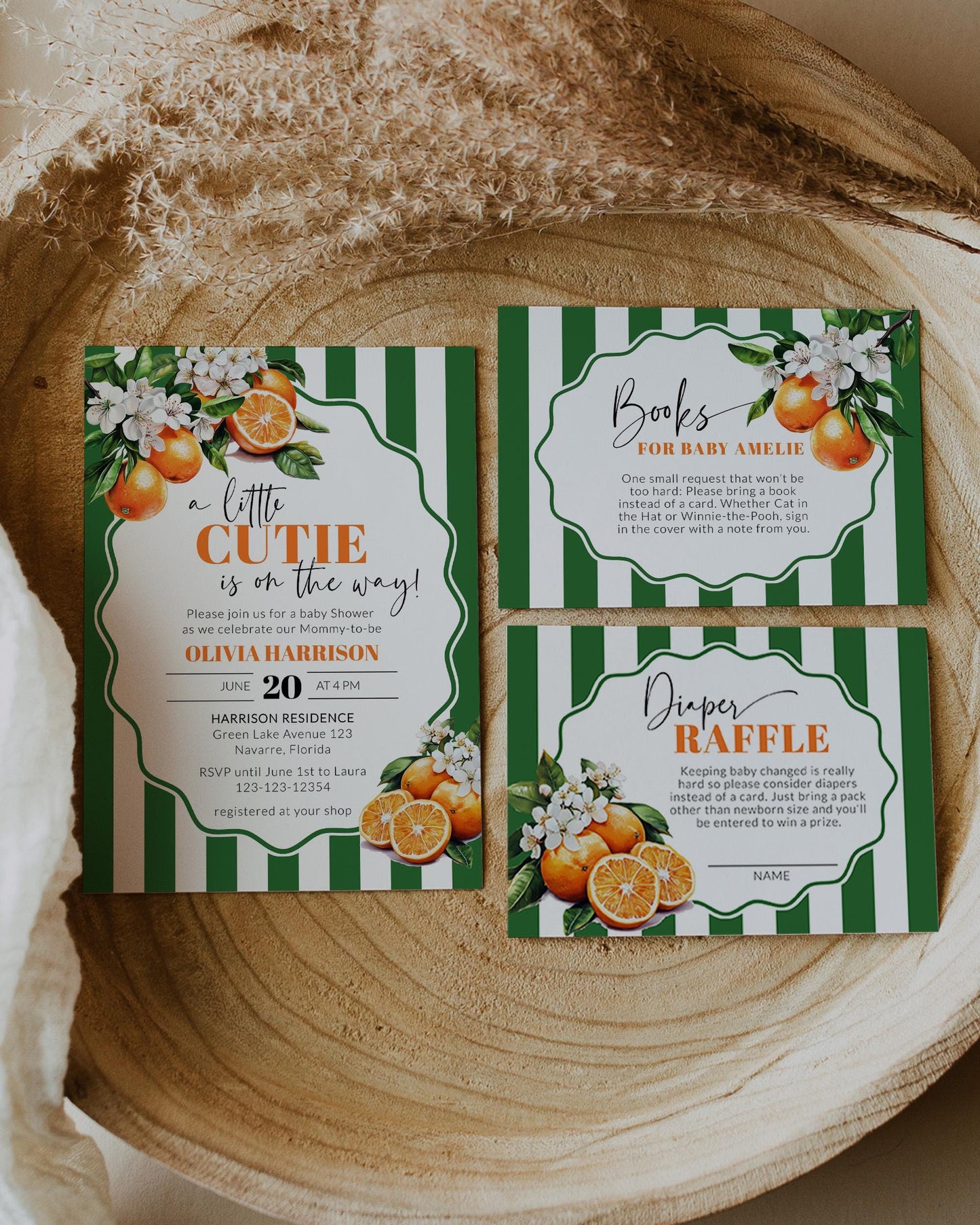 Little Cutie is on it's way Citrus Orange Green Stripe Baby Shower Invitation, Cutie Orange Greenery Baby Shower Invite Suite Template #072 - TheLovebirdsDesign