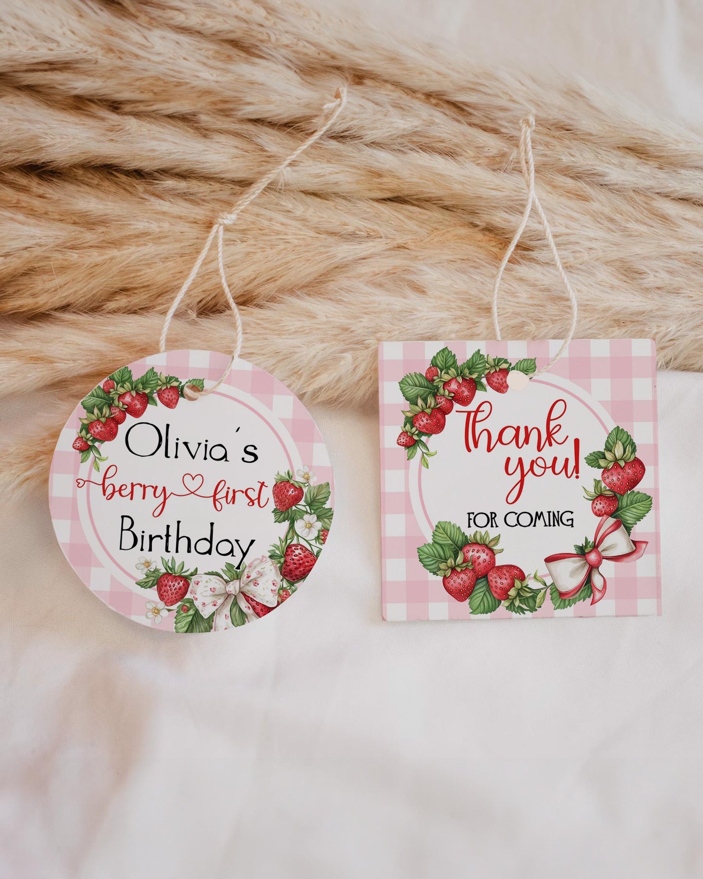Berry First Birthday Party Favor Tags Strawberry 1st Birthday Girl Sticker, Pink Gingham Berry First Birthday Label Printable Template #068 - TheLovebirdsDesign