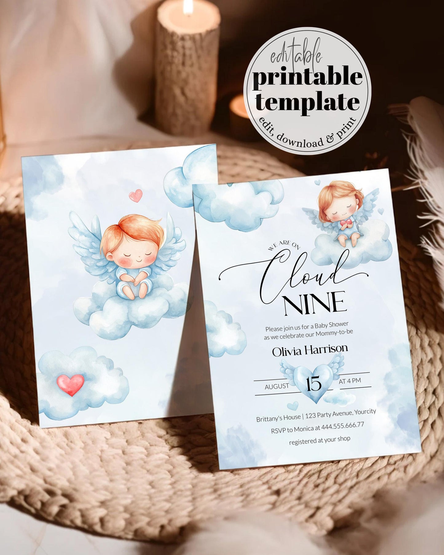 Cloud Nine Baby Shower Invitation, Heaven Sent Blue Cloud Shower Invite, Hello Baby Angel Wings Printable Template #072 - TheLovebirdsDesign