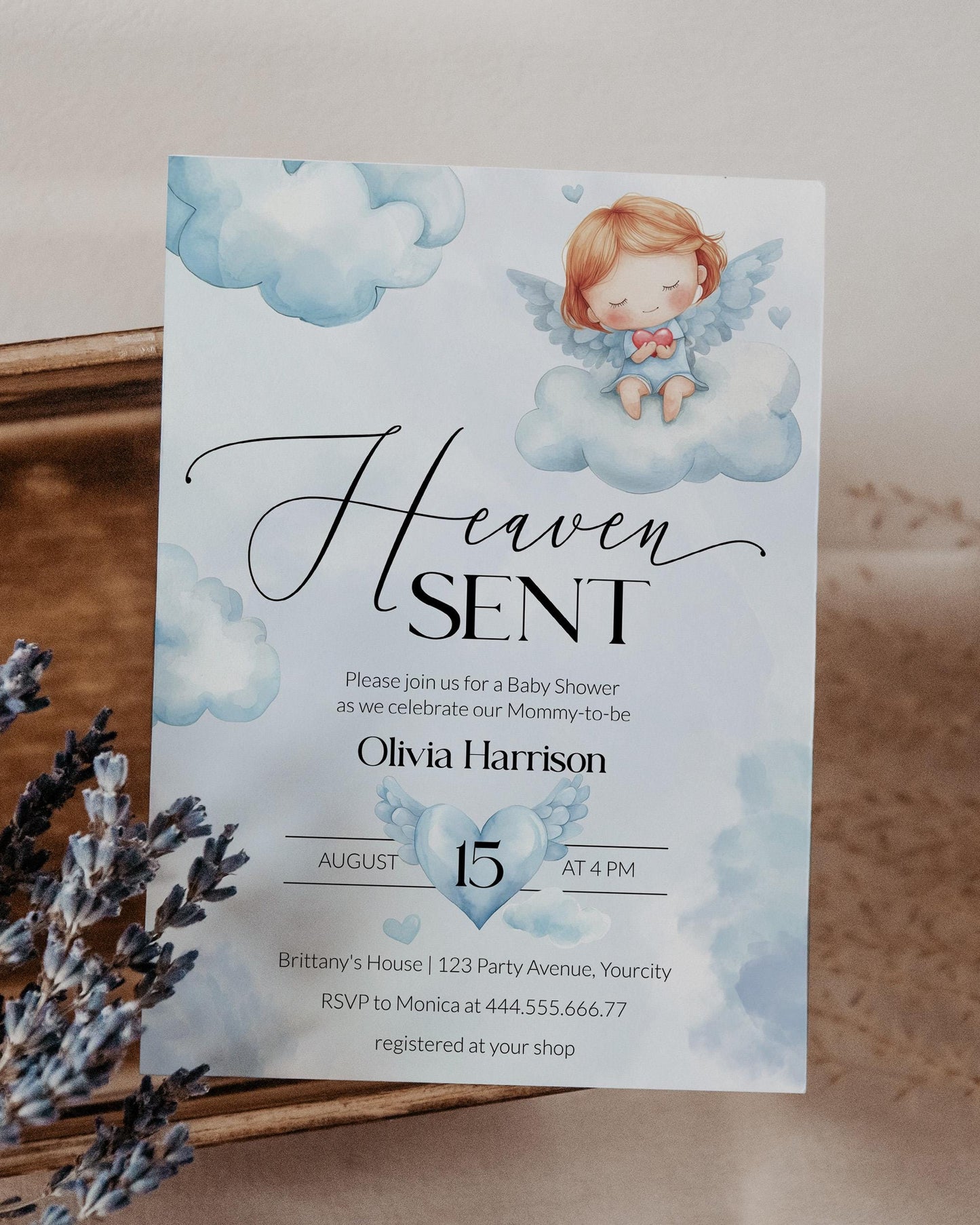 Blue Heaven Sent Baby Shower Invitation Boy with Angel and Wings, Little Piece of Heaven Baby Shower Invite, Printable Party Template #072 - TheLovebirdsDesign