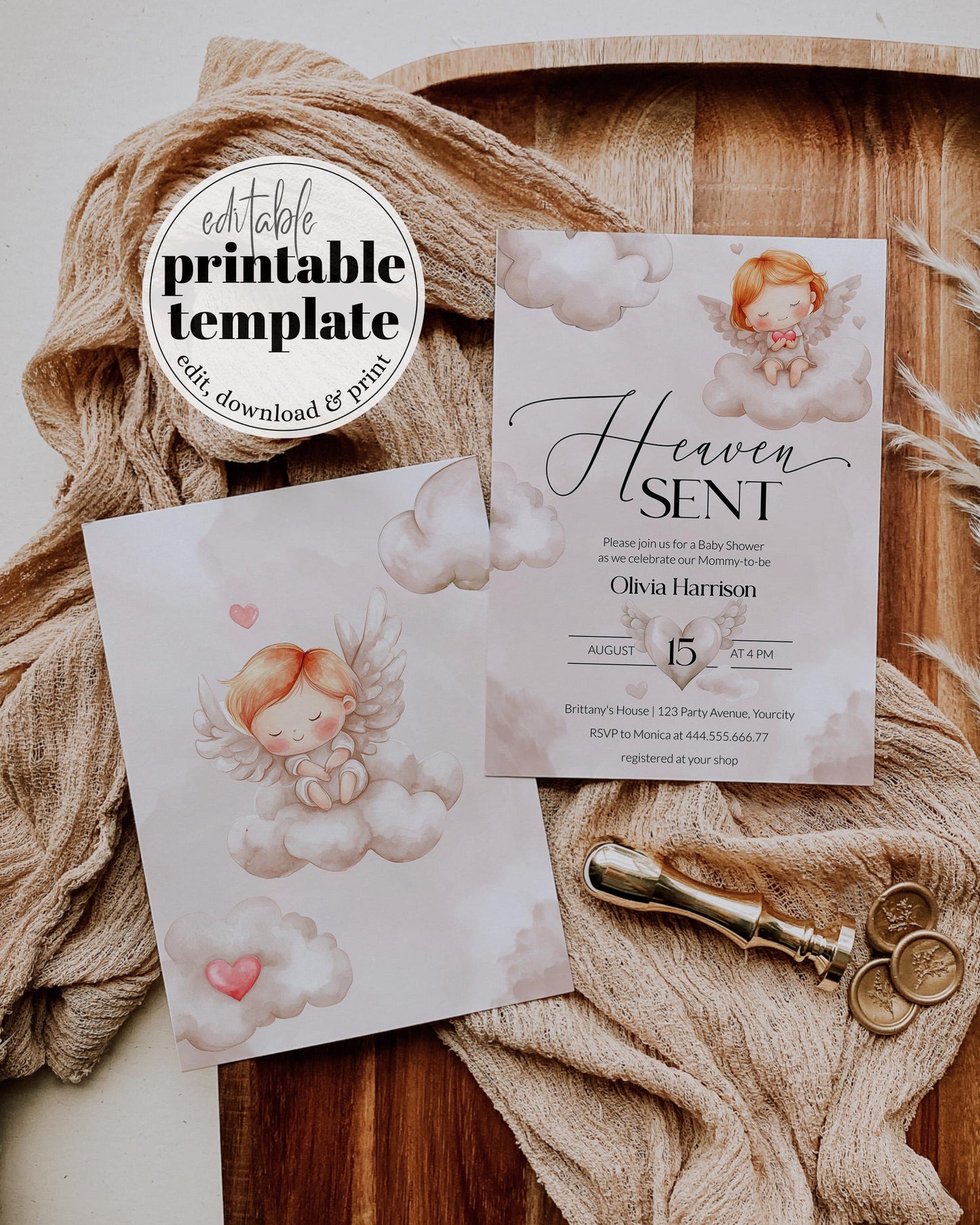 Hello Baby Shower Invitation, Gender Neutral Hello Baby Angel Heavenly Sent Shower Invite, Printable Template for Cloud Nine Party #072 - TheLovebirdsDesign