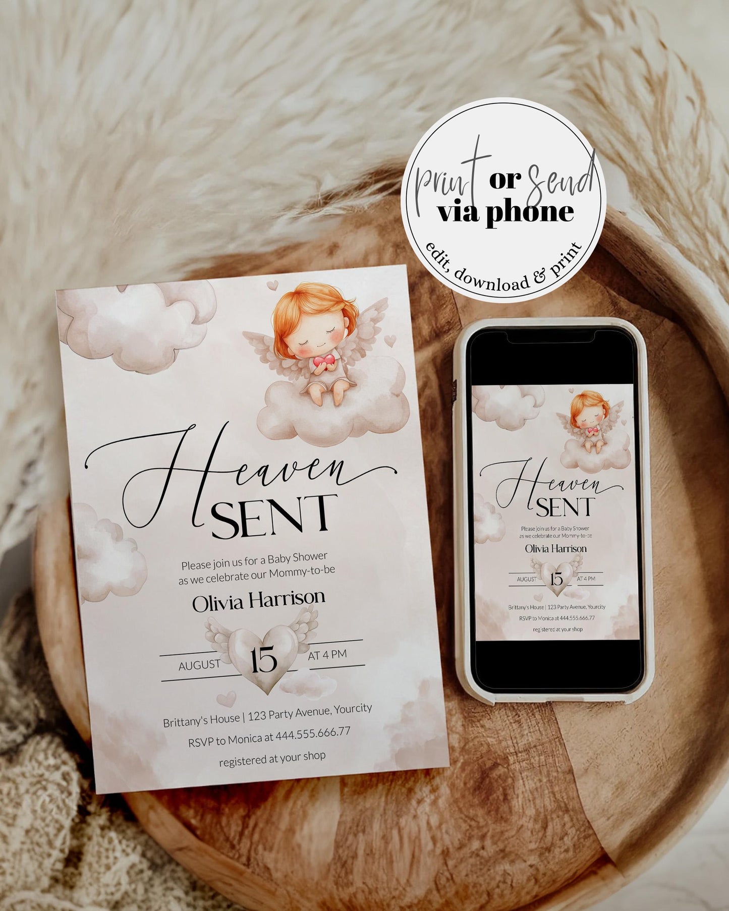 Hello Baby Shower Invitation, Gender Neutral Hello Baby Angel Heavenly Sent Shower Invite, Printable Template for Cloud Nine Party #072 - TheLovebirdsDesign