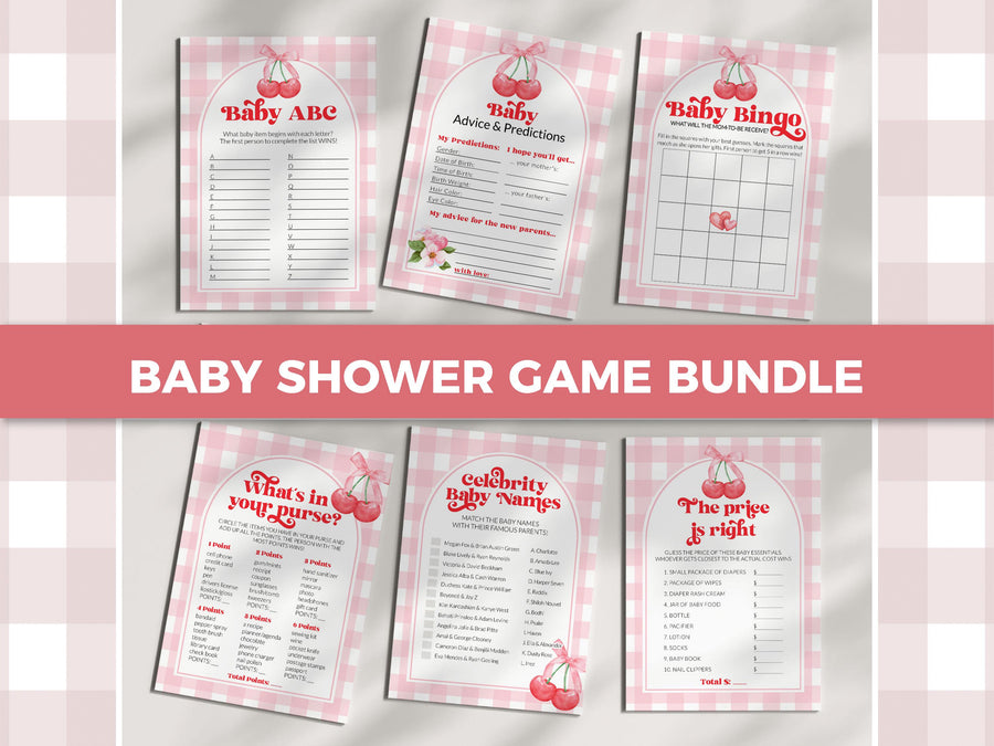Cherry Baby Shower Games Bundle, Coquette Cherry Trivia Bingo Family Feud Templates 003CH-GAMEB - marryful.org