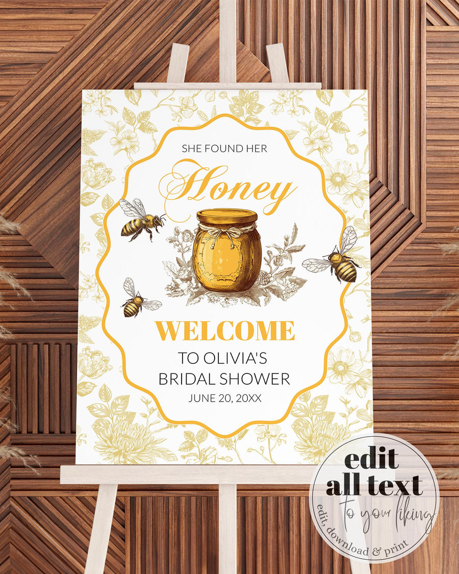 She found her Honey Bee Themed Welcome Sign, Vintage Toile de Jouy Bride to BEE Garden Party Welcome Sign Cottagecore Template #072 - marryful.org