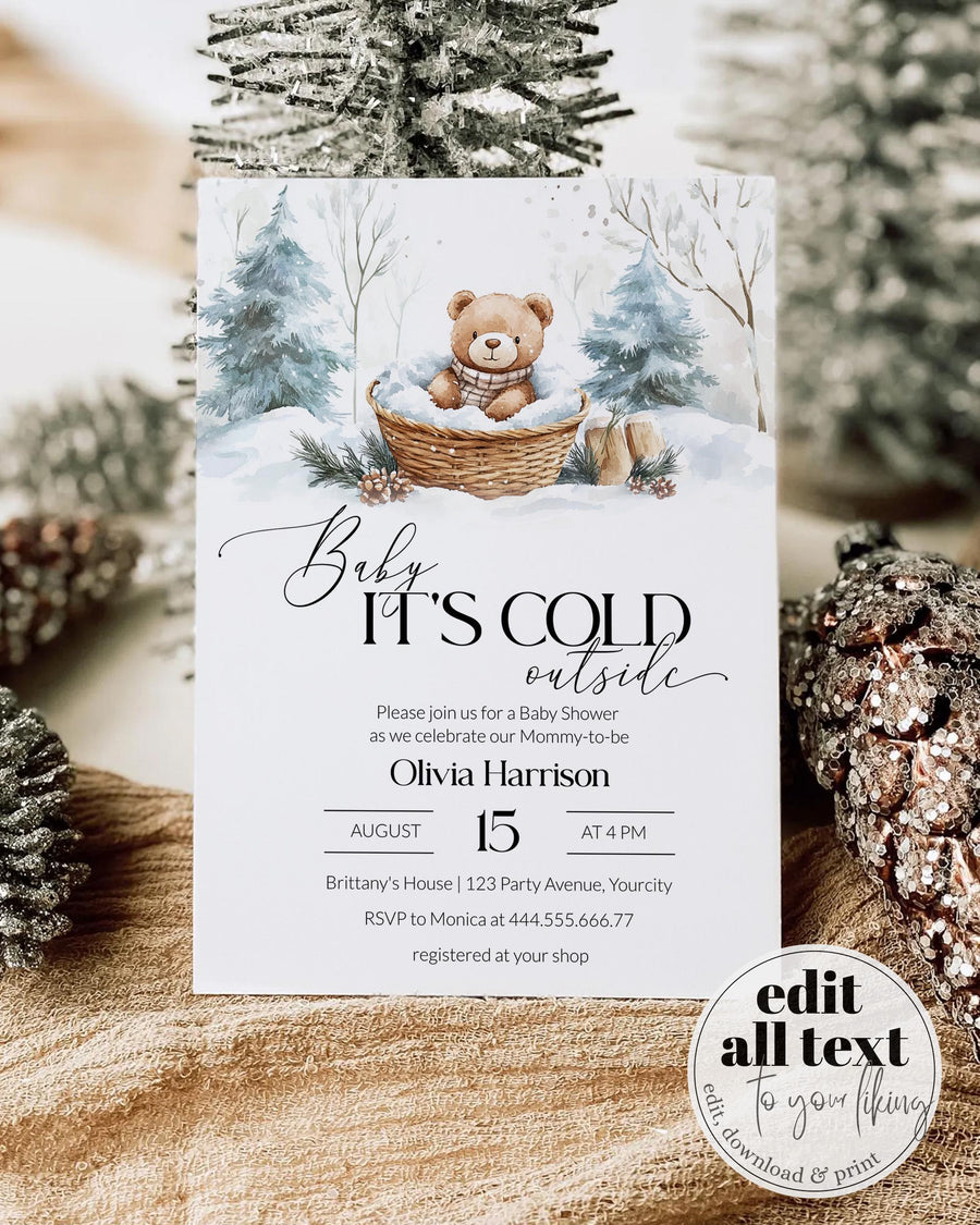 Baby Itโs Cold Outside Teddy Bear Baby Shower Invitation, Winter Wonderland Basket Theme, Editable Template #072 - TheLovebirdsDesign