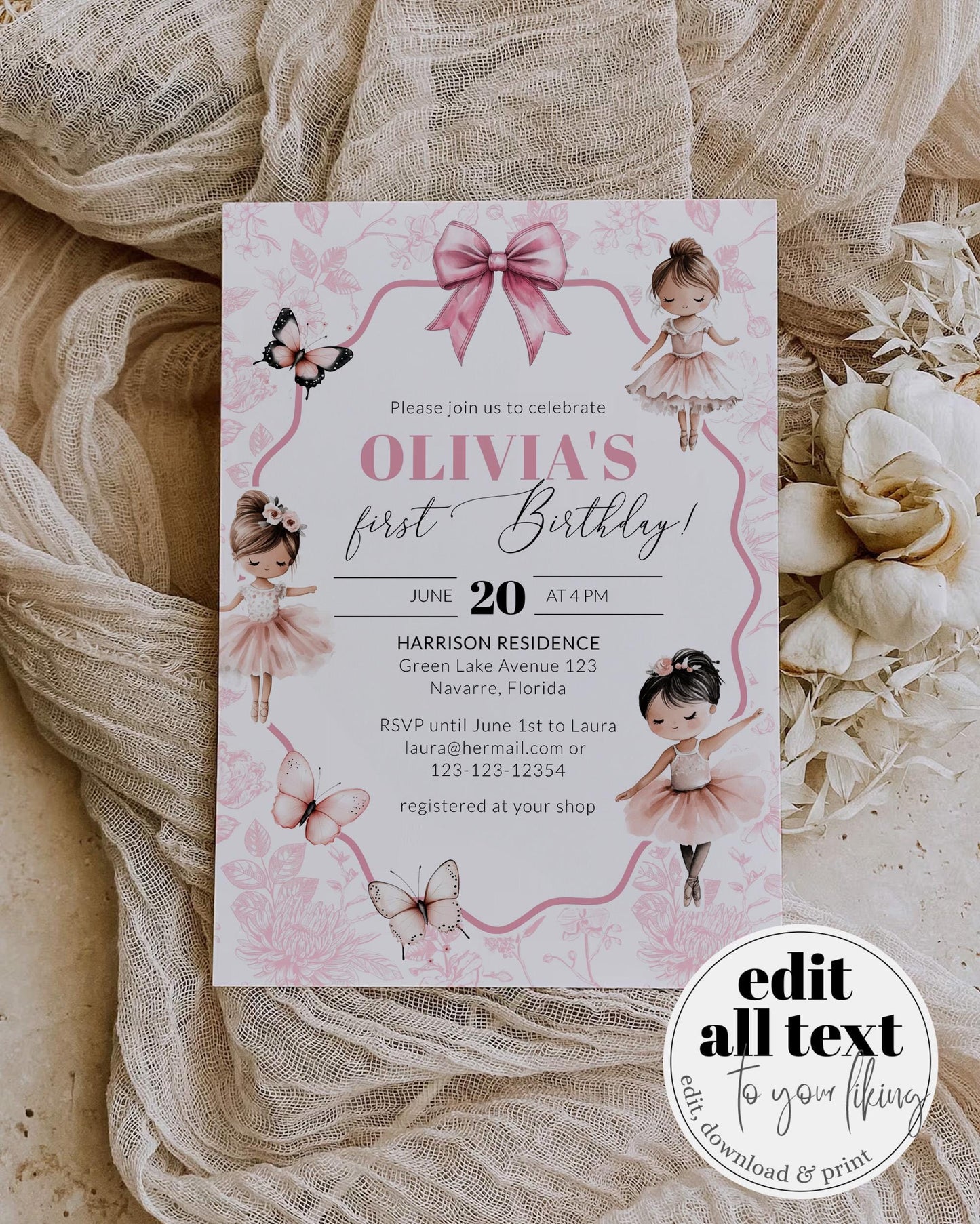 Ballerina Birthday Invitation Toile de Jouy Ballerina Ballet Dancer Tutu cute Girl Birthday Invitation Editable Template Download #072 - TheLovebirdsDesign