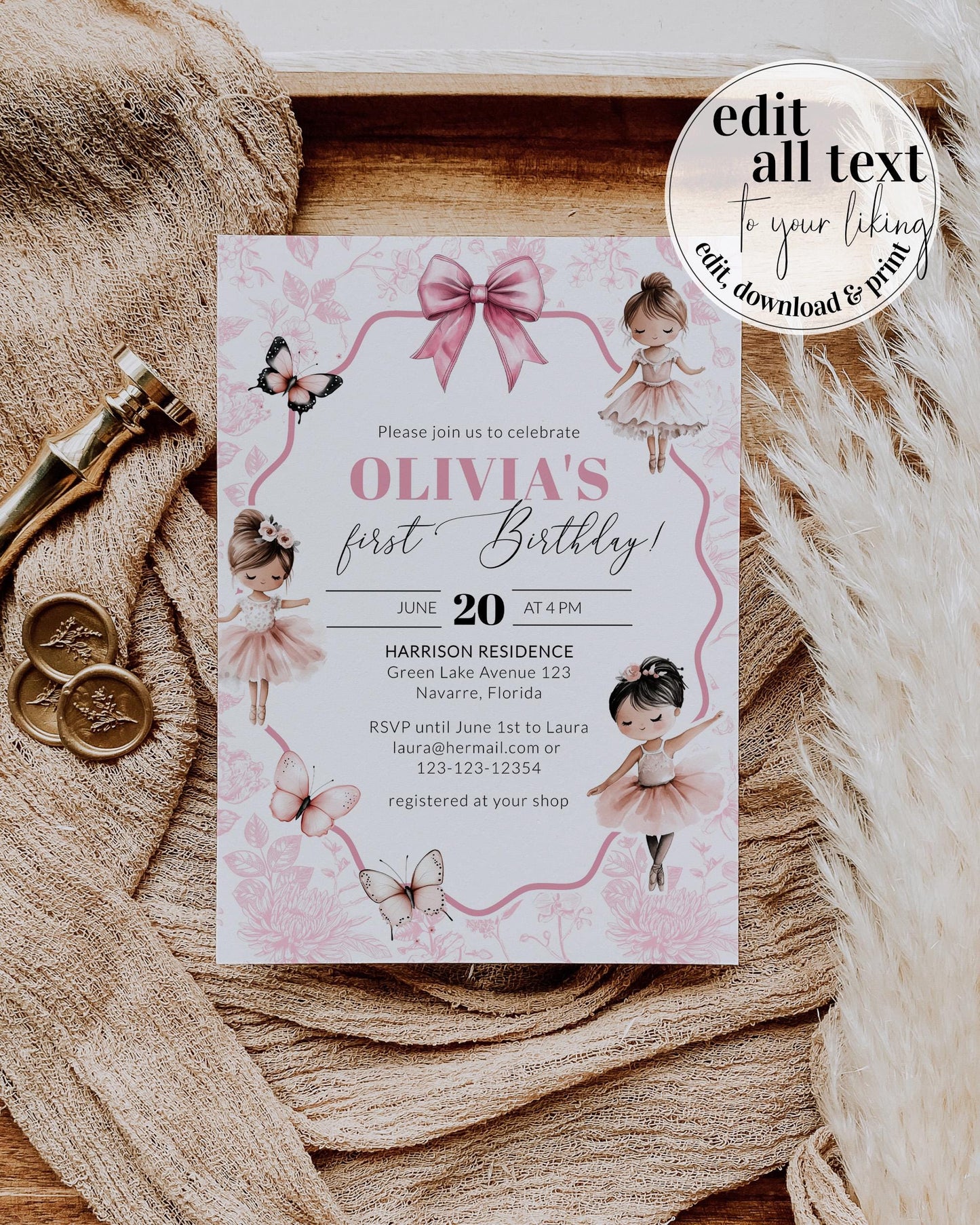 Ballerina Birthday Invitation Toile de Jouy Ballerina Ballet Dancer Tutu cute Girl Birthday Invitation Editable Template Download #072 - TheLovebirdsDesign