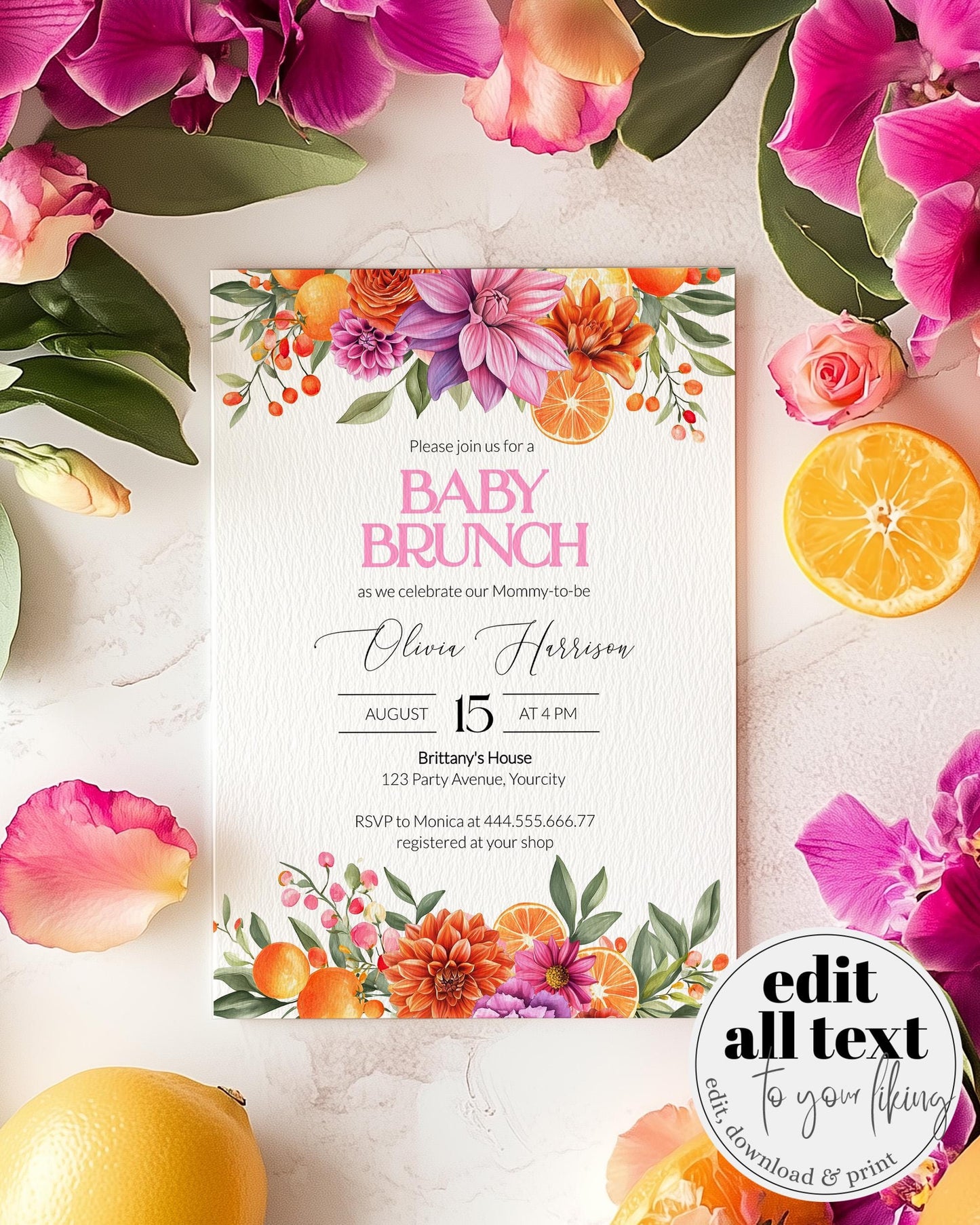 Bright Florals Pink Orange Baby Shower Invitation Suite, Cutie on the way Citrus Theme Invite, Baby in Bloom Floral Summer Garden Party #072 - TheLovebirdsDesign