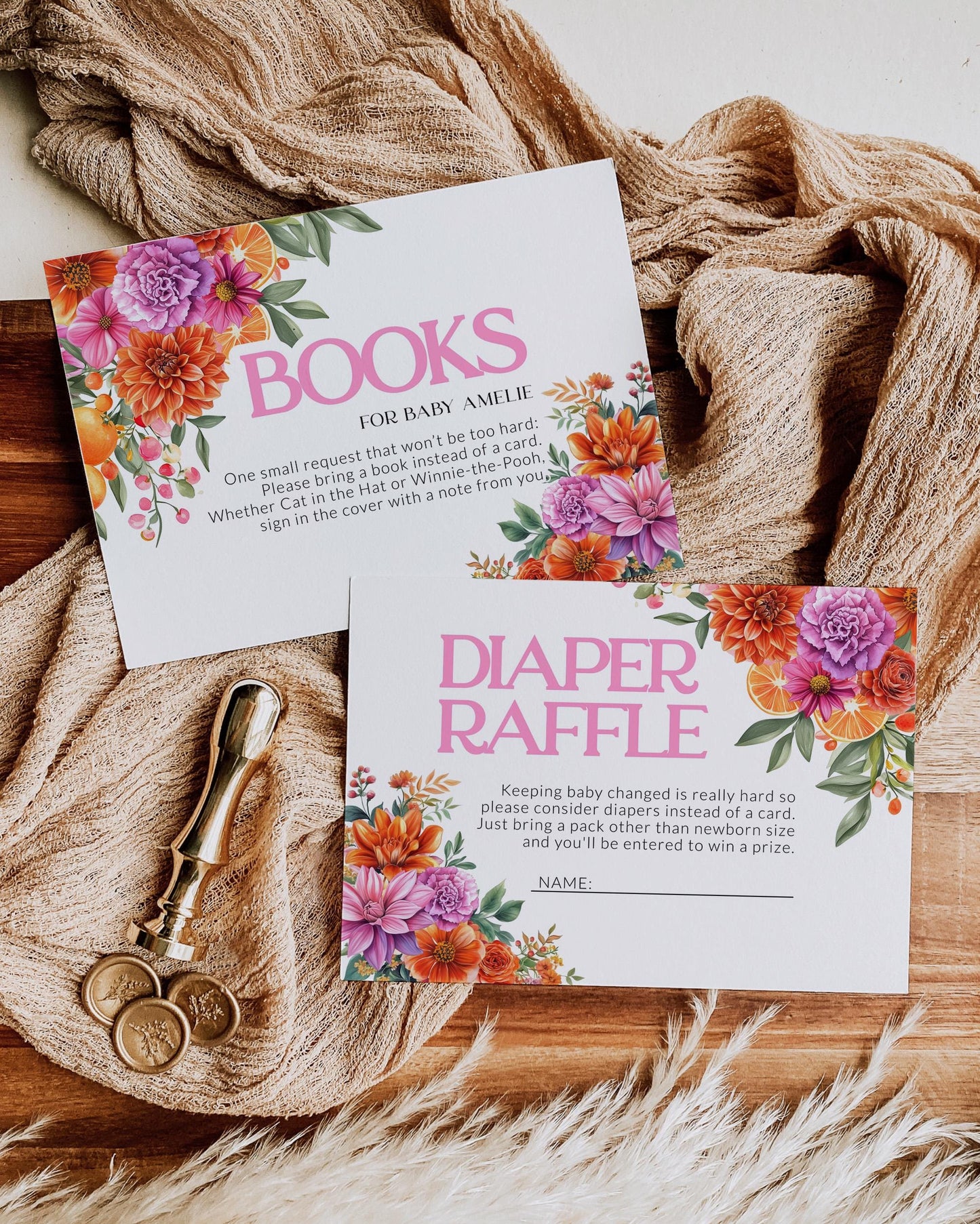 Bright Florals Pink Orange Baby Shower Invitation Suite, Cutie on the way Citrus Theme Invite, Baby in Bloom Floral Summer Garden Party #072 - TheLovebirdsDesign