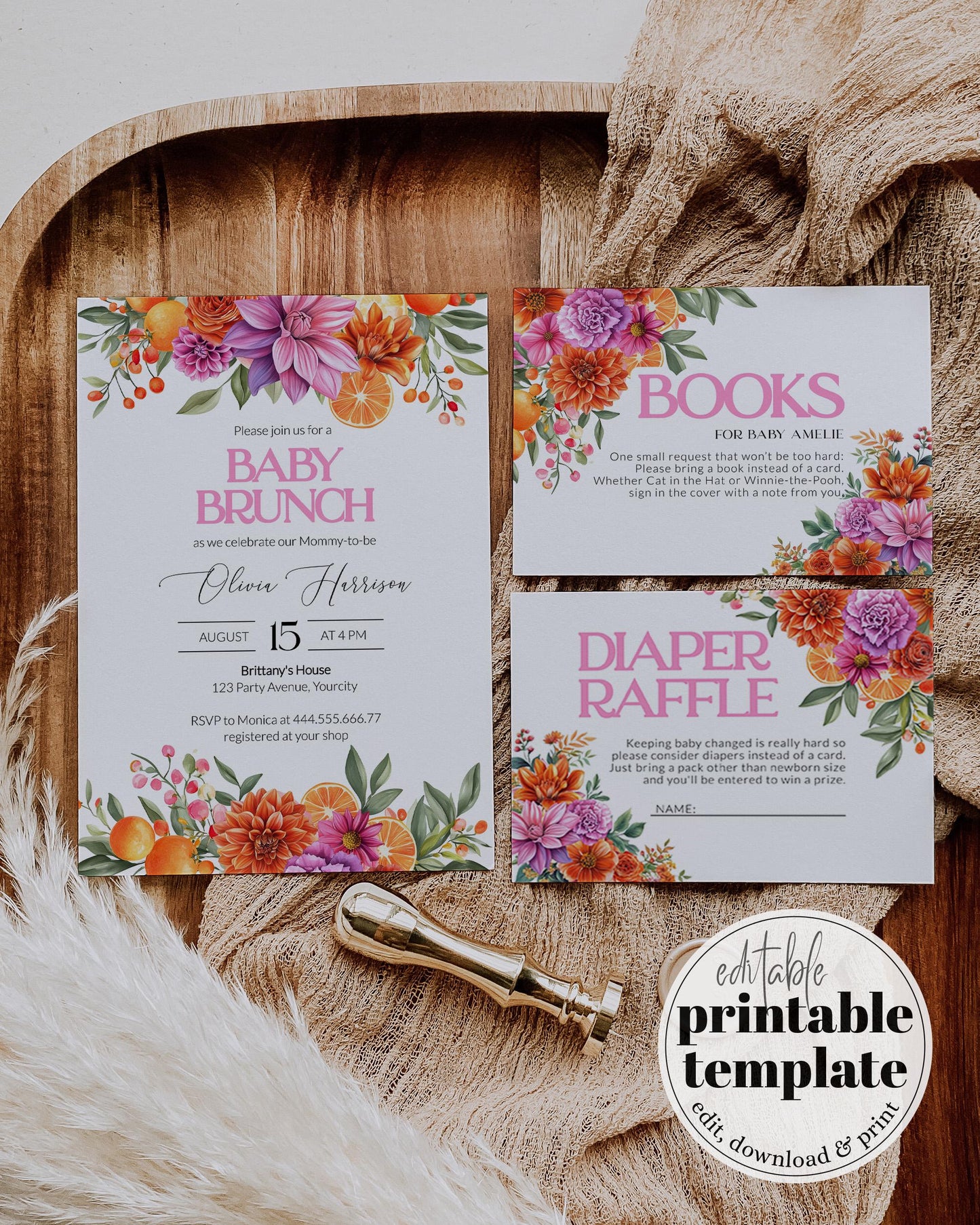 Bright Florals Pink Orange Baby Shower Invitation Suite, Cutie on the way Citrus Theme Invite, Baby in Bloom Floral Summer Garden Party #072 - TheLovebirdsDesign