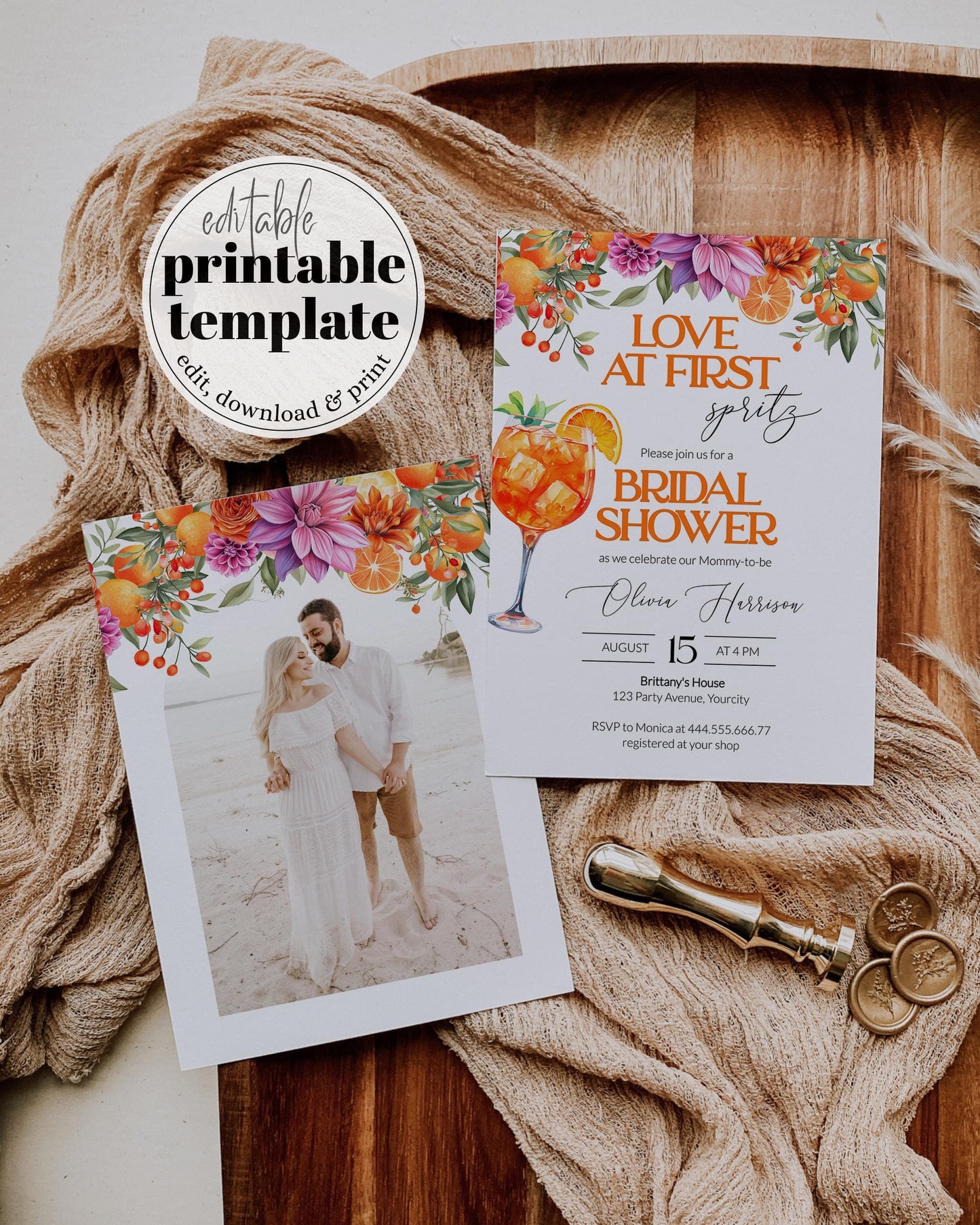 Love at First Spritz Bridal Shower Invitation, Pink Orange Spritz Bridal Shower Invite, Citrus Bridal Brunch Bright Florals Template #072 - TheLovebirdsDesign