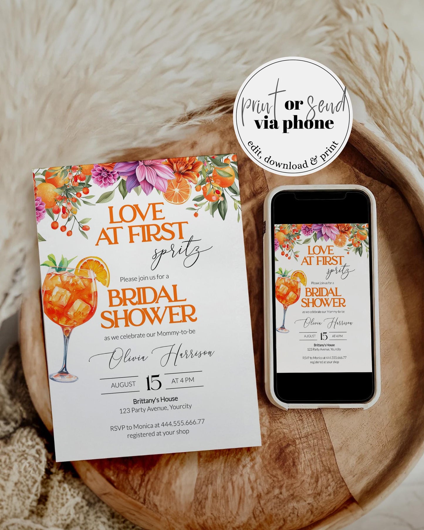 Love at First Spritz Bridal Shower Invitation, Pink Orange Spritz Bridal Shower Invite, Citrus Bridal Brunch Bright Florals Template #072 - TheLovebirdsDesign