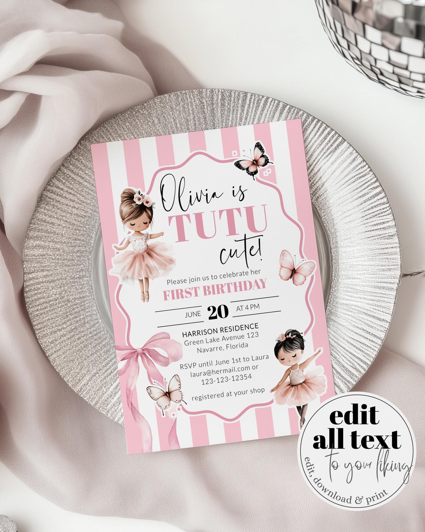 Pink Tutu Birthday Pink Ribbon Bow Invitation Girl 1st Birthday Ballerina Invite Tutu Cute Sugar Plum Fairy Dance Party Bday Template #072 - TheLovebirdsDesign