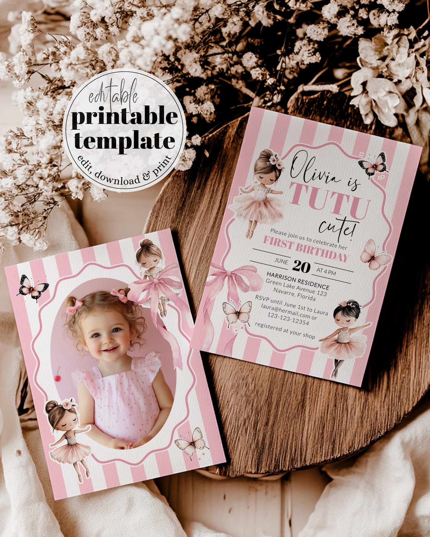 Pink Tutu Birthday Pink Ribbon Bow Invitation Girl 1st Birthday Ballerina Invite Tutu Cute Sugar Plum Fairy Dance Party Bday Template #072 - TheLovebirdsDesign