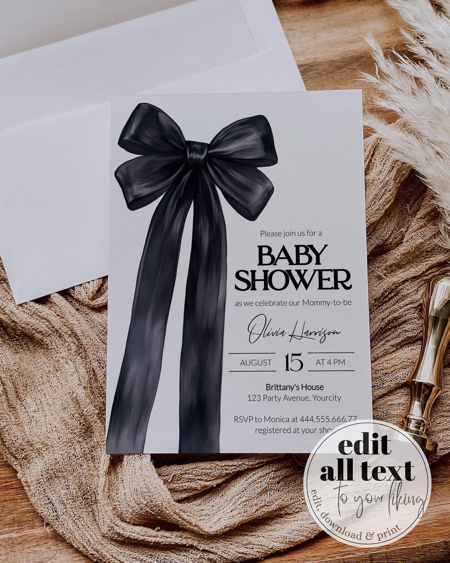 Black Bow Baby Invite, Knot Baby Shower Invitation Gender Neutral Classy Coquette Evite Illustrated Grandmillenial Bow Party Template #072 - TheLovebirdsDesign