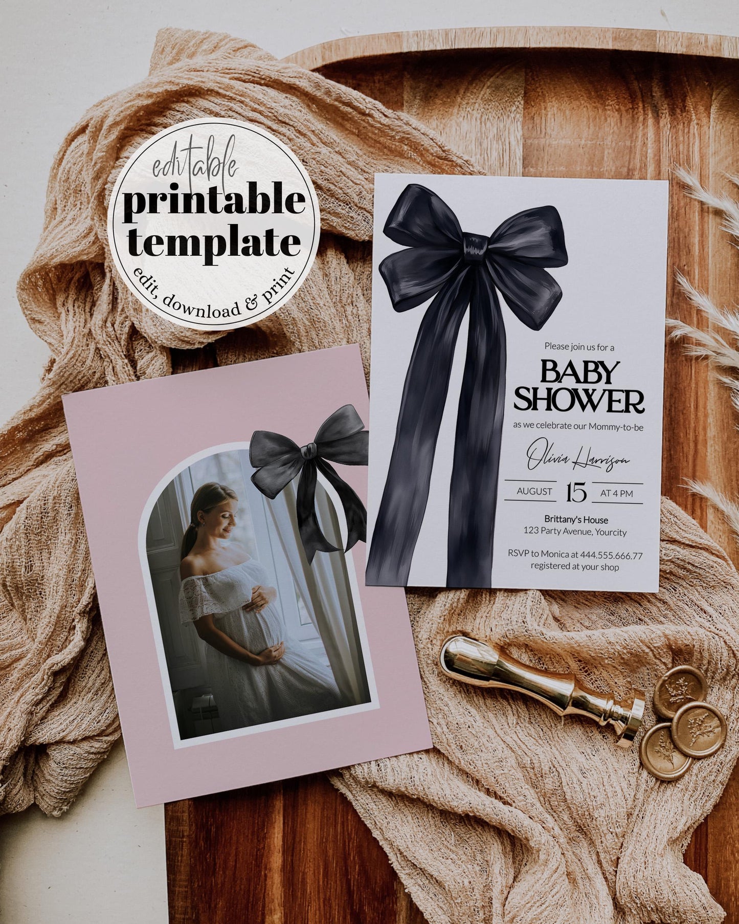 Black Bow Baby Invite, Knot Baby Shower Invitation Gender Neutral Classy Coquette Evite Illustrated Grandmillenial Bow Party Template #072 - TheLovebirdsDesign