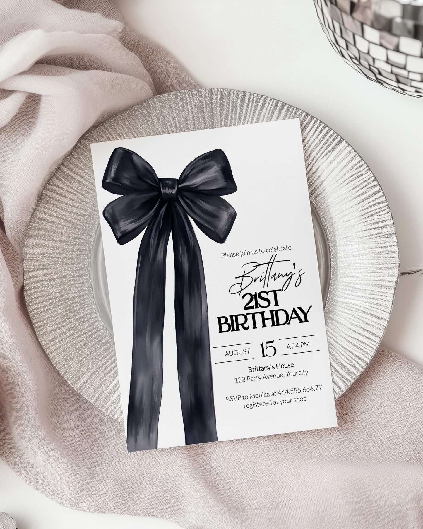 Black Bow Birthday Invitation Girls 21st Birthday Classy Coquette Bow 30th Birthday Invite Women Illustrated Grandmillenial Bow Template#072 - TheLovebirdsDesign