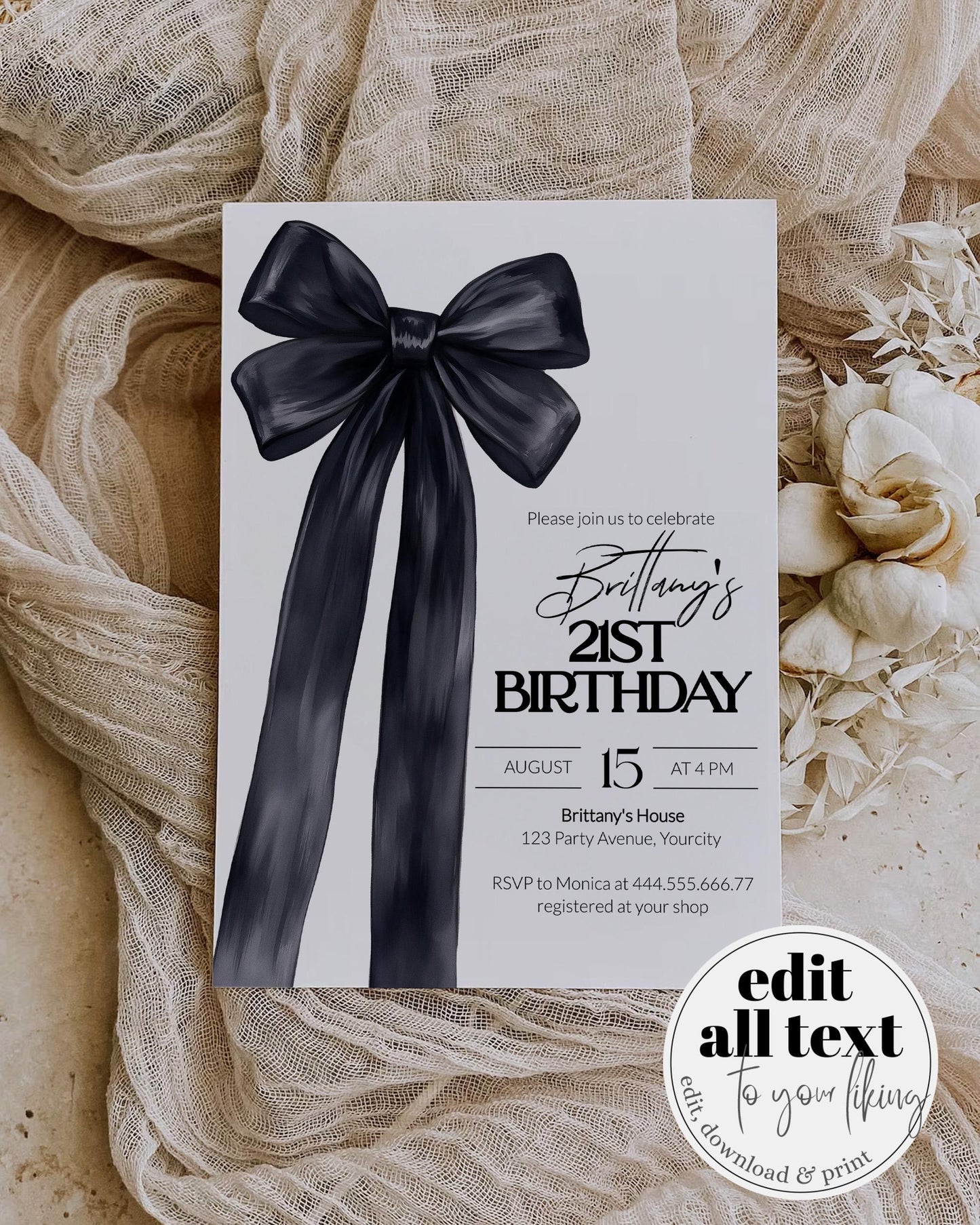 Black Bow Birthday Invitation Girls 21st Birthday Classy Coquette Bow 30th Birthday Invite Women Illustrated Grandmillenial Bow Template#072 - TheLovebirdsDesign