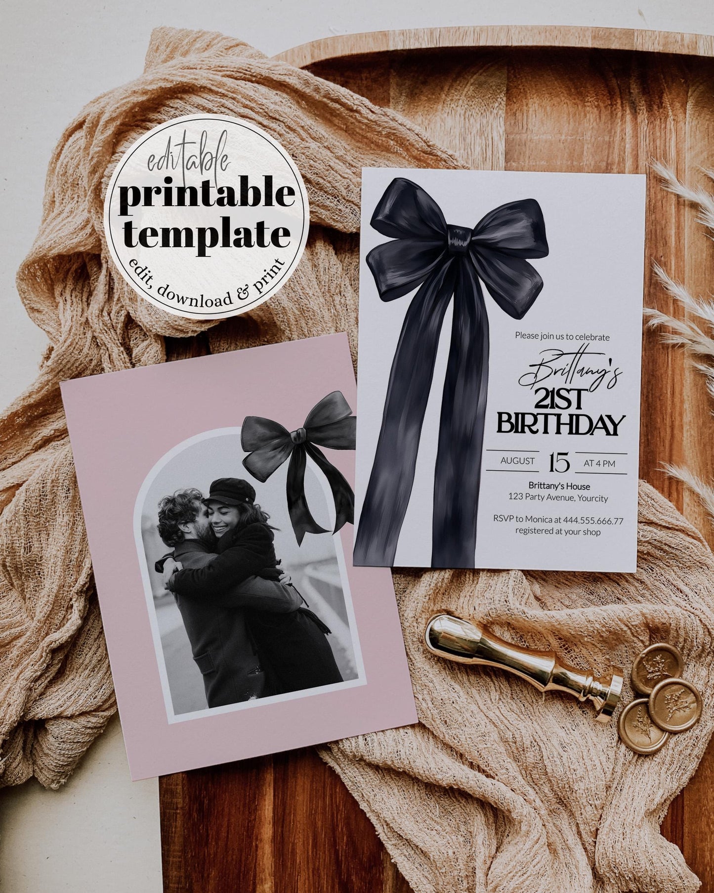 Black Bow Birthday Invitation Girls 21st Birthday Classy Coquette Bow 30th Birthday Invite Women Illustrated Grandmillenial Bow Template#072 - TheLovebirdsDesign