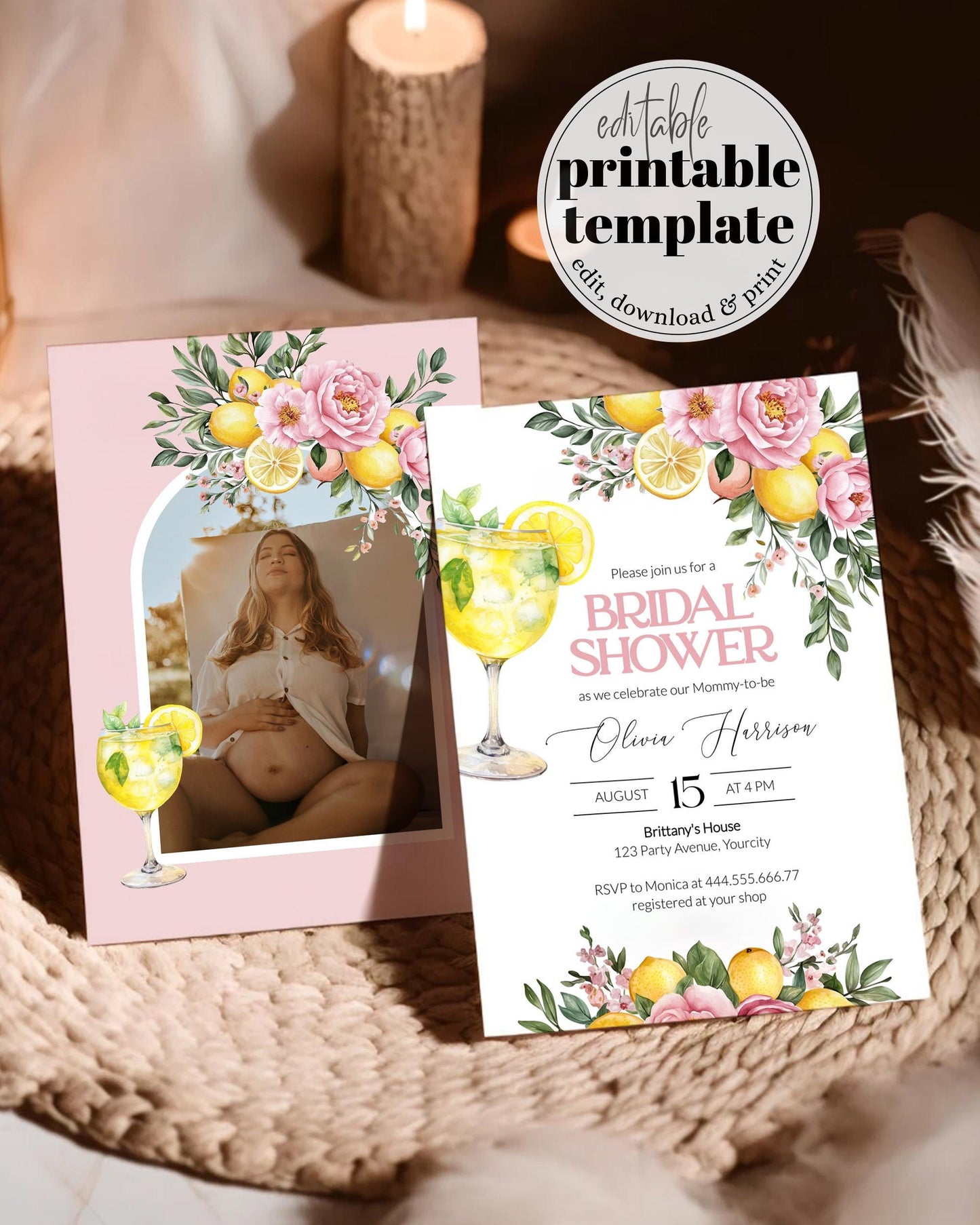 Pink Lemonade Bridal Shower Invitation, Pink Lemon Floral Citrus Bridal Shower Invite, Mediterranean Lemon Girl Shower Evite Template #072 - TheLovebirdsDesign