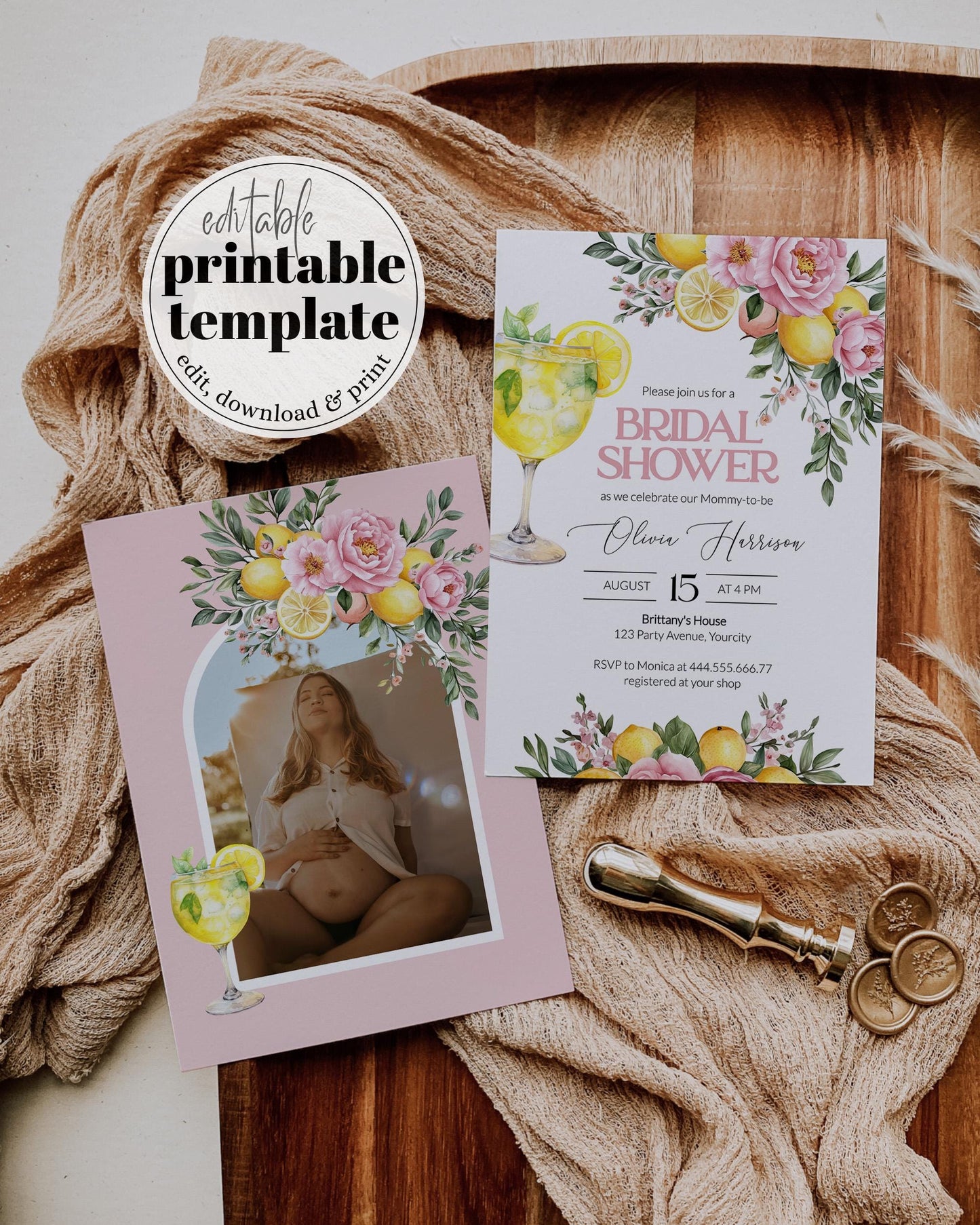 Pink Lemonade Bridal Shower Invitation, Pink Lemon Floral Citrus Bridal Shower Invite, Mediterranean Lemon Girl Shower Evite Template #072 - TheLovebirdsDesign