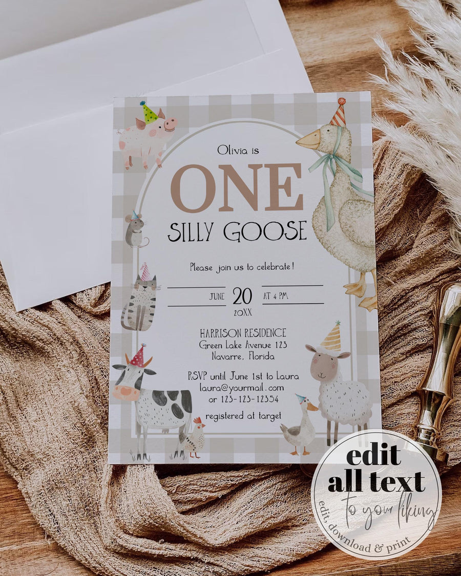 One Silly Goose Birthday Invitation Template, Farm Animal Gender Neutral 1st Birthday 004SG-BINV - marryful.org
