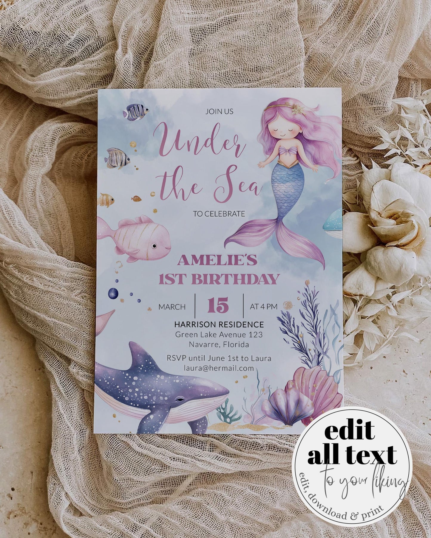 Mermaid Themed First Birthday Invite, Under the Sea Animals Party Invitation, Pink Blue Dolphin Turtle Beautiful Mermaid Evite Template #022 - TheLovebirdsDesign