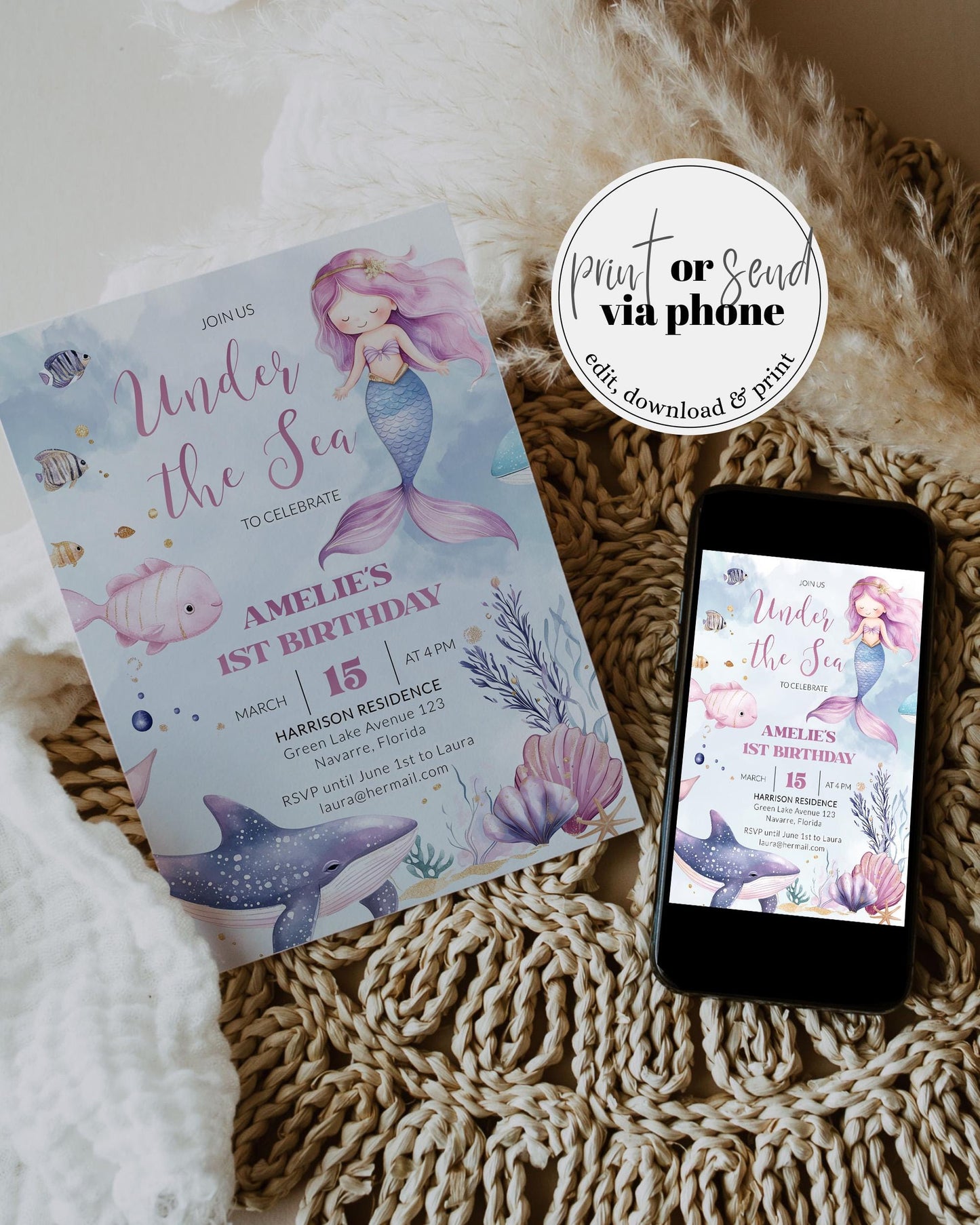 Mermaid Themed First Birthday Invite, Under the Sea Animals Party Invitation, Pink Blue Dolphin Turtle Beautiful Mermaid Evite Template #022 - TheLovebirdsDesign