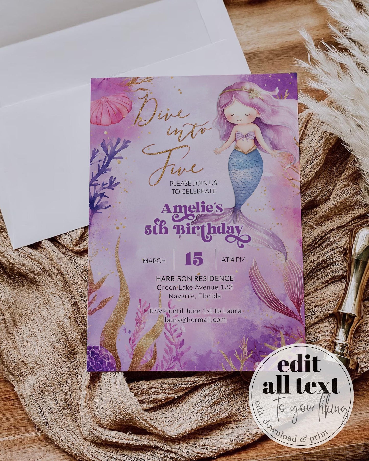 Dive into Five Mermaid Themed Birthday Invitation for Girls, Pink Purple Glitter Magical Mermaid 5th Birthday Invite Printable Template #022 - TheLovebirdsDesign