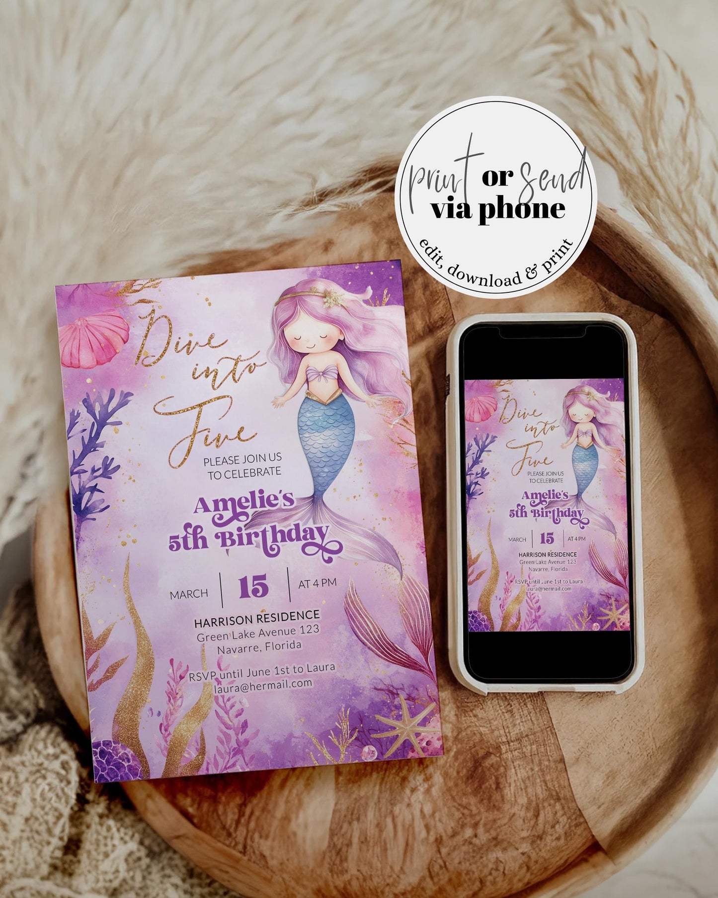 Dive into Five Mermaid Themed Birthday Invitation for Girls, Pink Purple Glitter Magical Mermaid 5th Birthday Invite Printable Template #022 - TheLovebirdsDesign